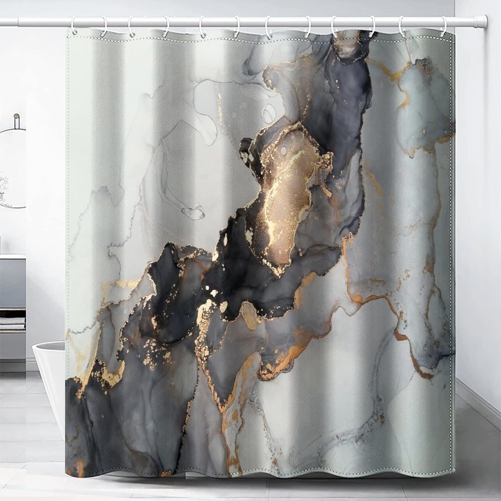Modern Abstract Marble Shower Curtain - Black & Gold Waterproof Bathroom Decor with Ink Texture, 72x72 Inch Set Includes 12 Hooks | Elegant Bathroom Upgrade for Contemporary Homes & Luxury Hotels