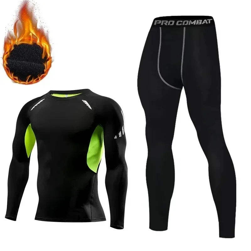 Men's Winter Thermal Fleece Gym Sets - Elastic Running & Fitness Outfit with Tight Exercise Top + Long Johns Base Layer Leggings for Cold Weather Workouts & Outdoor Sports