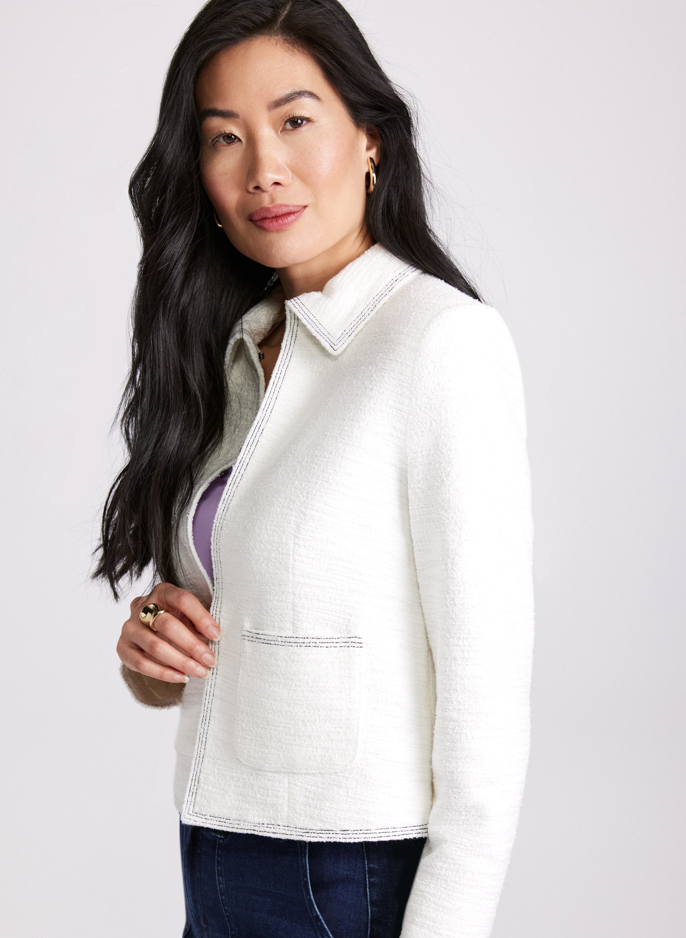 Stylish Contrast Stitch Tweed Jacket for Women - Elegant Blazer with Vintage Details | Perfect for Office Wear, Date Nights & Fall Fashion