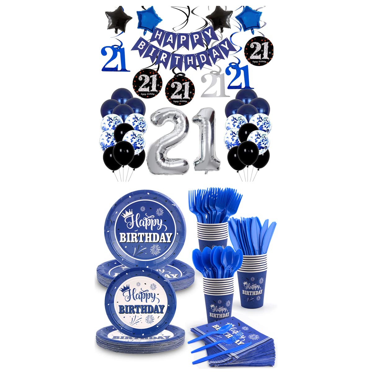 21st Birthday Party Decorations for Men & Women - Blue Themed Birthday Supplies Set with Plates & Napkins | Perfect for Adult Birthday Parties, Graduation Celebrations & Milestone Events