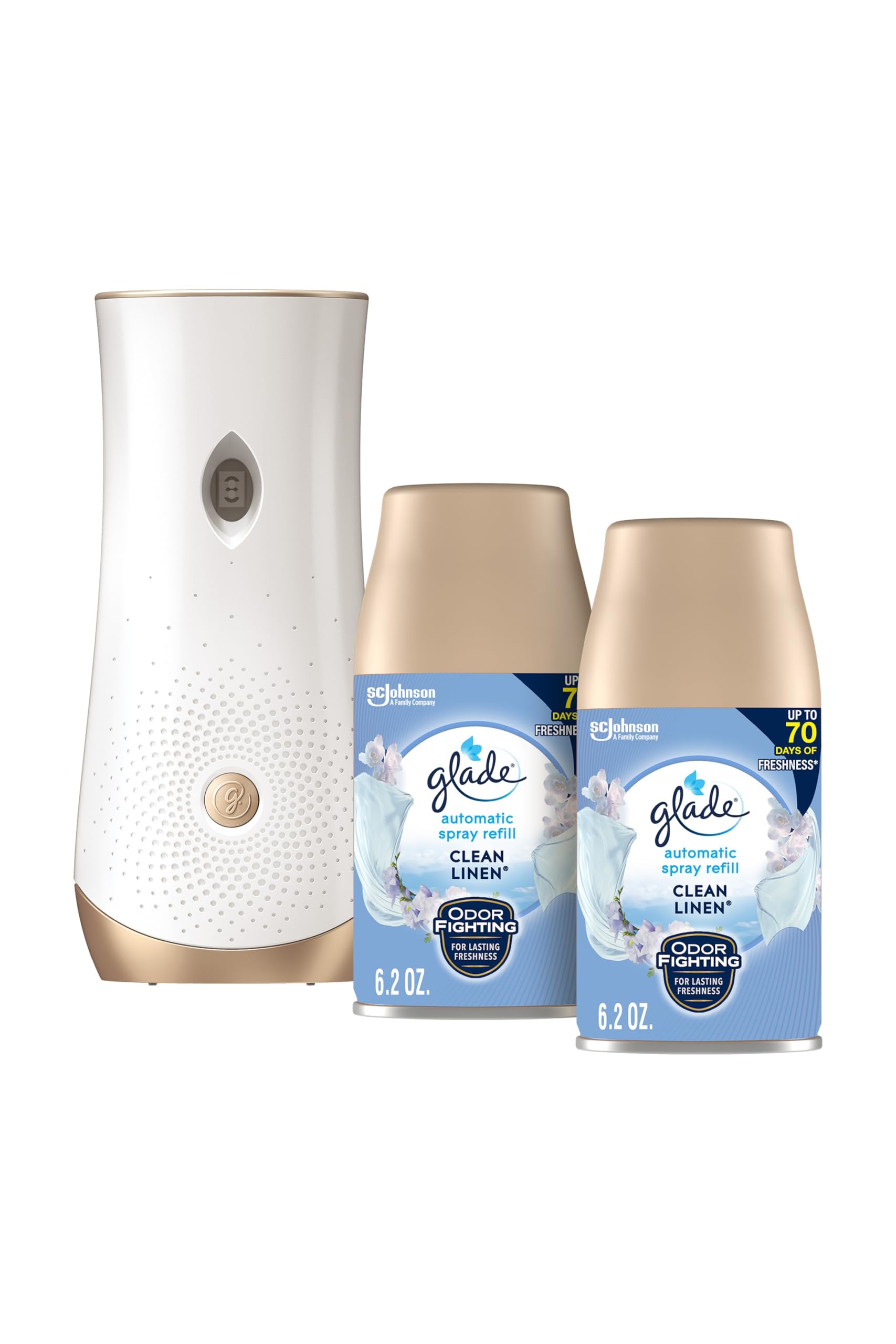 Glade Automatic Spray Refill & Holder Kit - 6.2 Oz Air Freshener for Home, Bathroom & Office - Clean Linen Scent - 2 Pack - Eliminate Odors & Freshen Air in Living Rooms, Bedrooms & Small Spaces