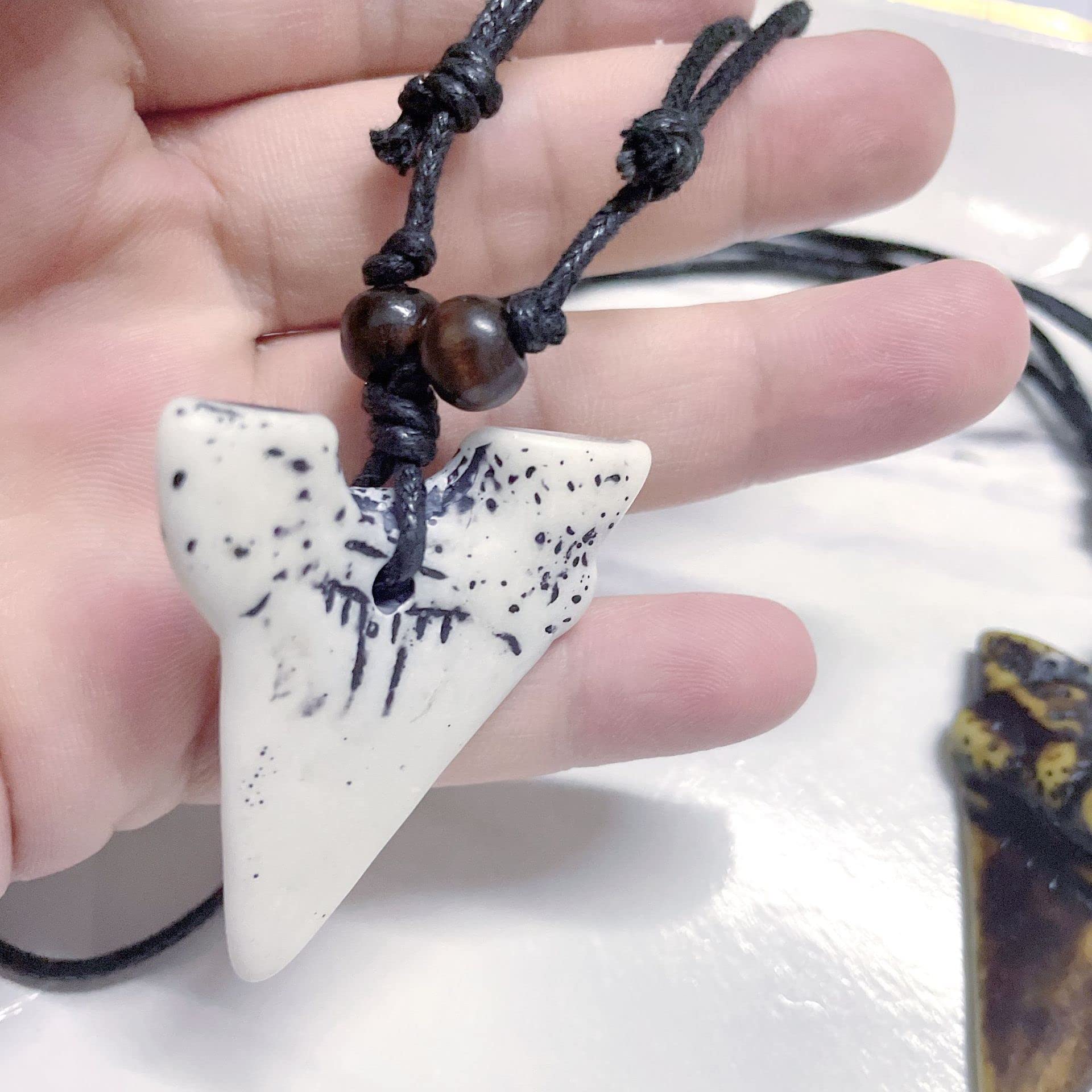 2-Piece Shark Tooth Pendant Necklace Set - Wax Rope & Leather Surfer Necklaces for Men & Women - Beach Resin Tooth Shaped Jewelry - Perfect for Summer, Surfing, Beach Parties and Boho Fashion Accessories