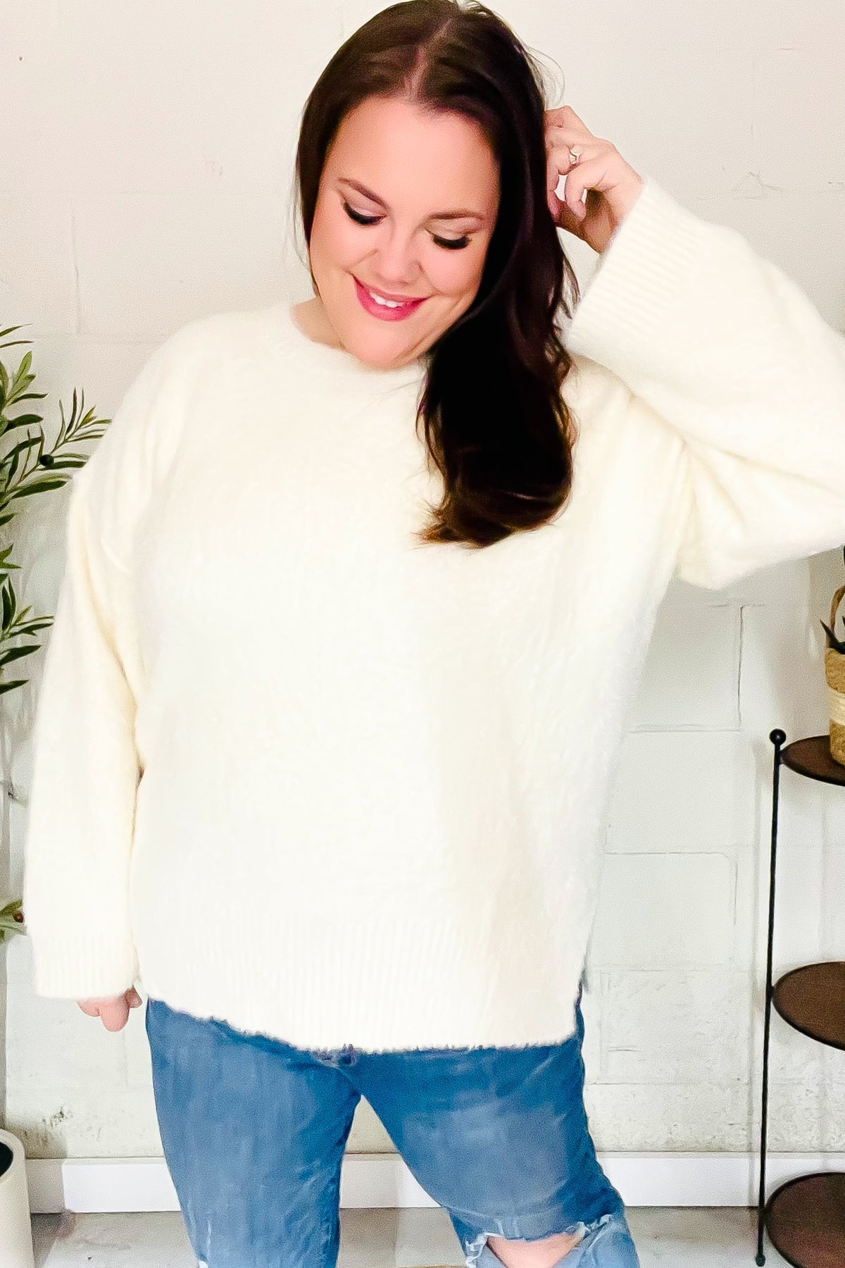 Classic Elegance Ivory Fuzzy Soft Knit Sweater for Women - Cozy Winter Pullover with Long Sleeves - Perfect for Casual Outfits, Office Wear & Holiday Gatherings