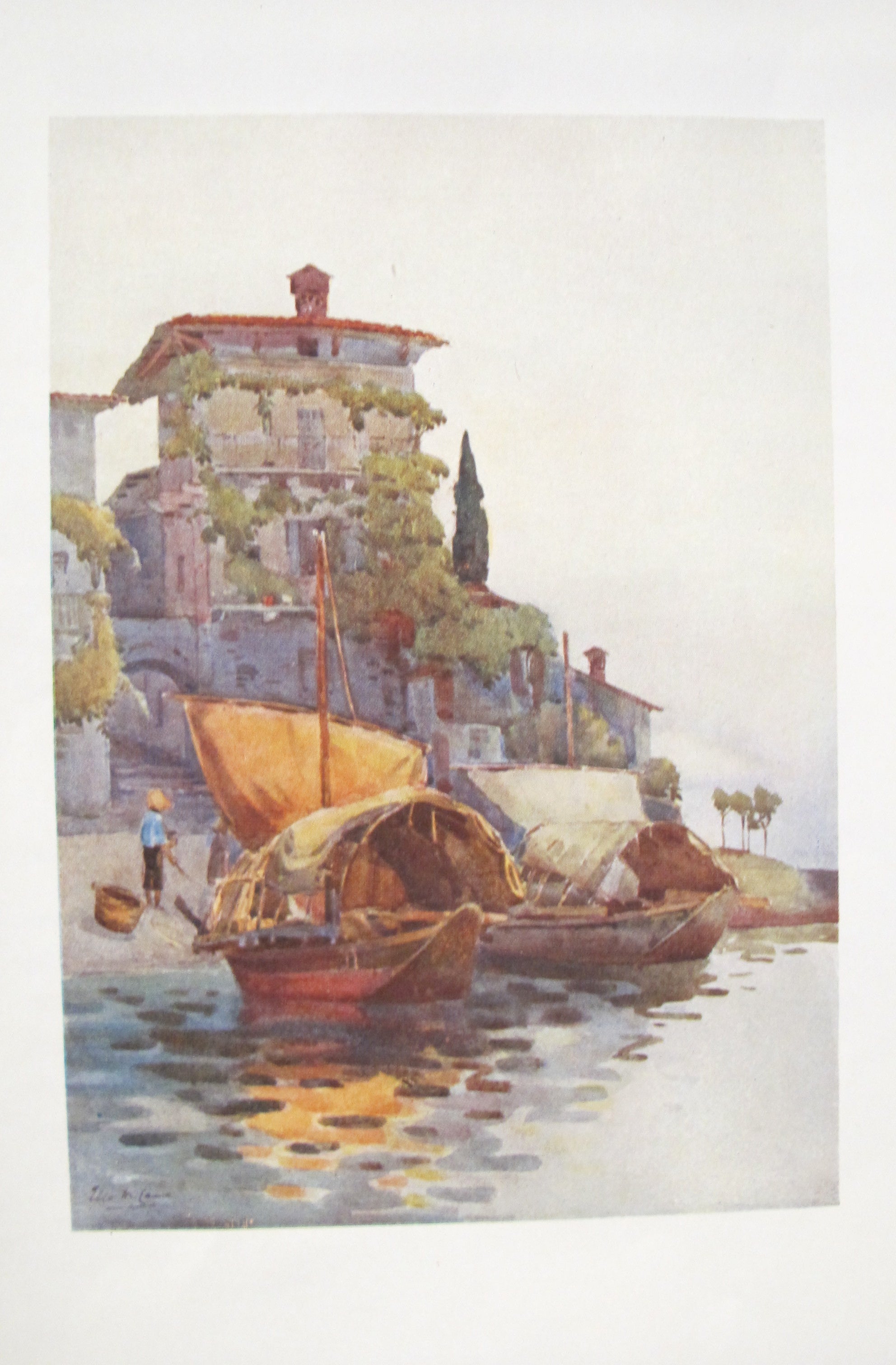 1905 Original Italian Print - Vintage Italian Travel Color Plate of Fishing Boats on Lake Como - Perfect for Home Decor, Office Wall Art & Italian Culture Enthusiasts