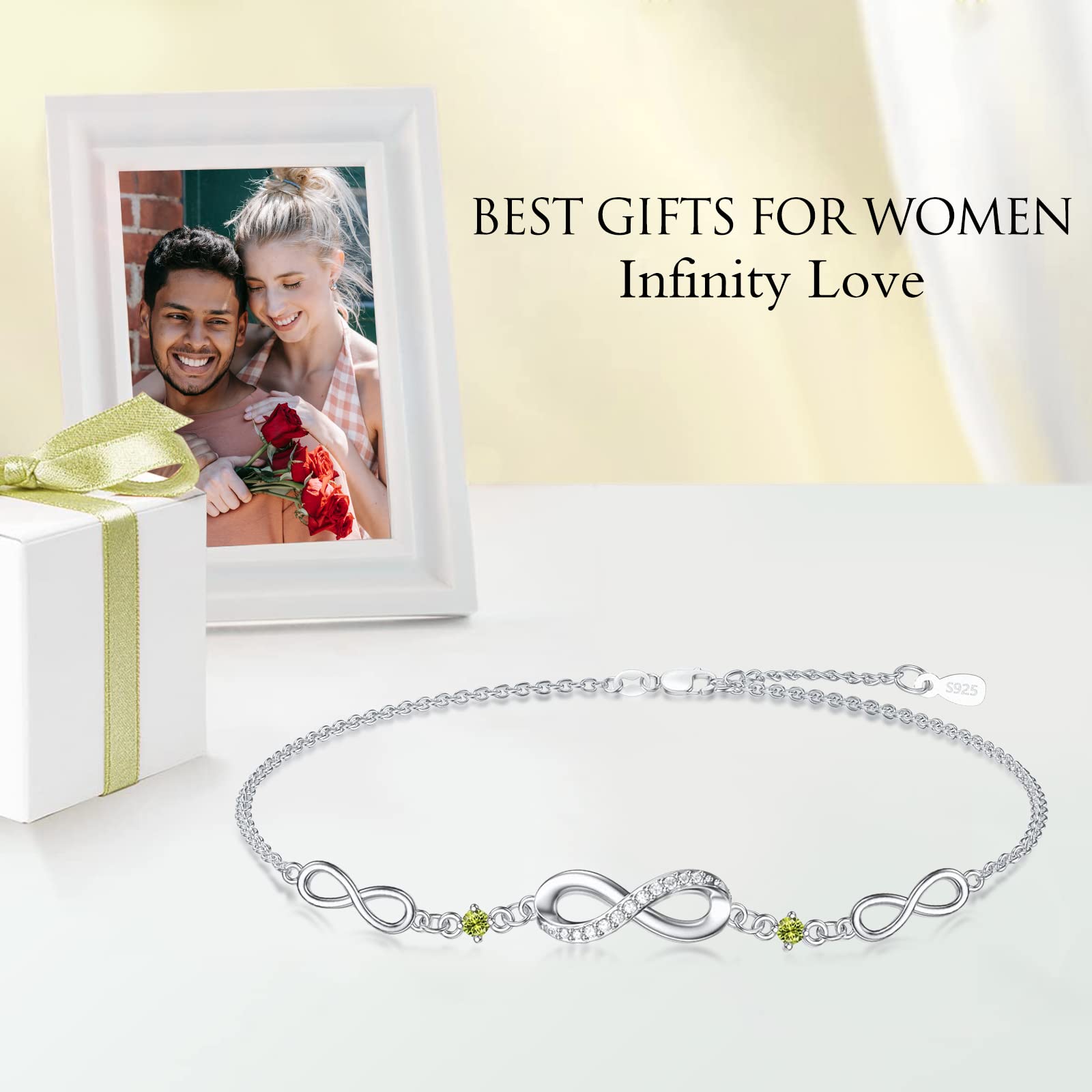 Infinity Bracelet for Women - 925 Sterling Silver Adjustable Birthstone Charm Link Bracelet - Christmas, Birthday, Anniversary Gift for Wife, Mom, Her - Perfect for Everyday Wear, Special Occasions & Gifting