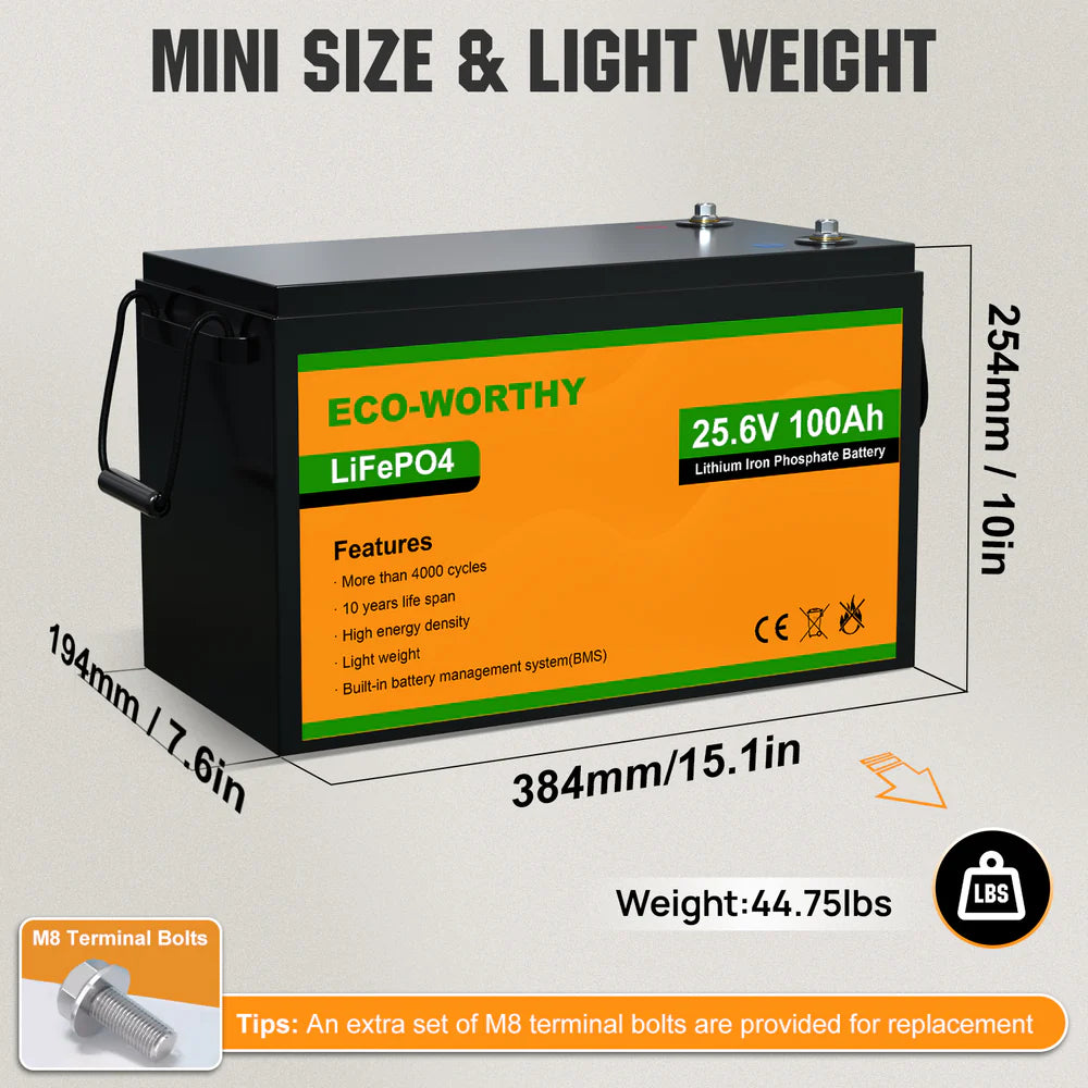 ECO WORTHY 24V 100Ah LiFePO4 Lithium Iron Phosphate Battery - Deep Cycle for Solar Power, RV, Marine, Off-Grid & Backup Power Systems