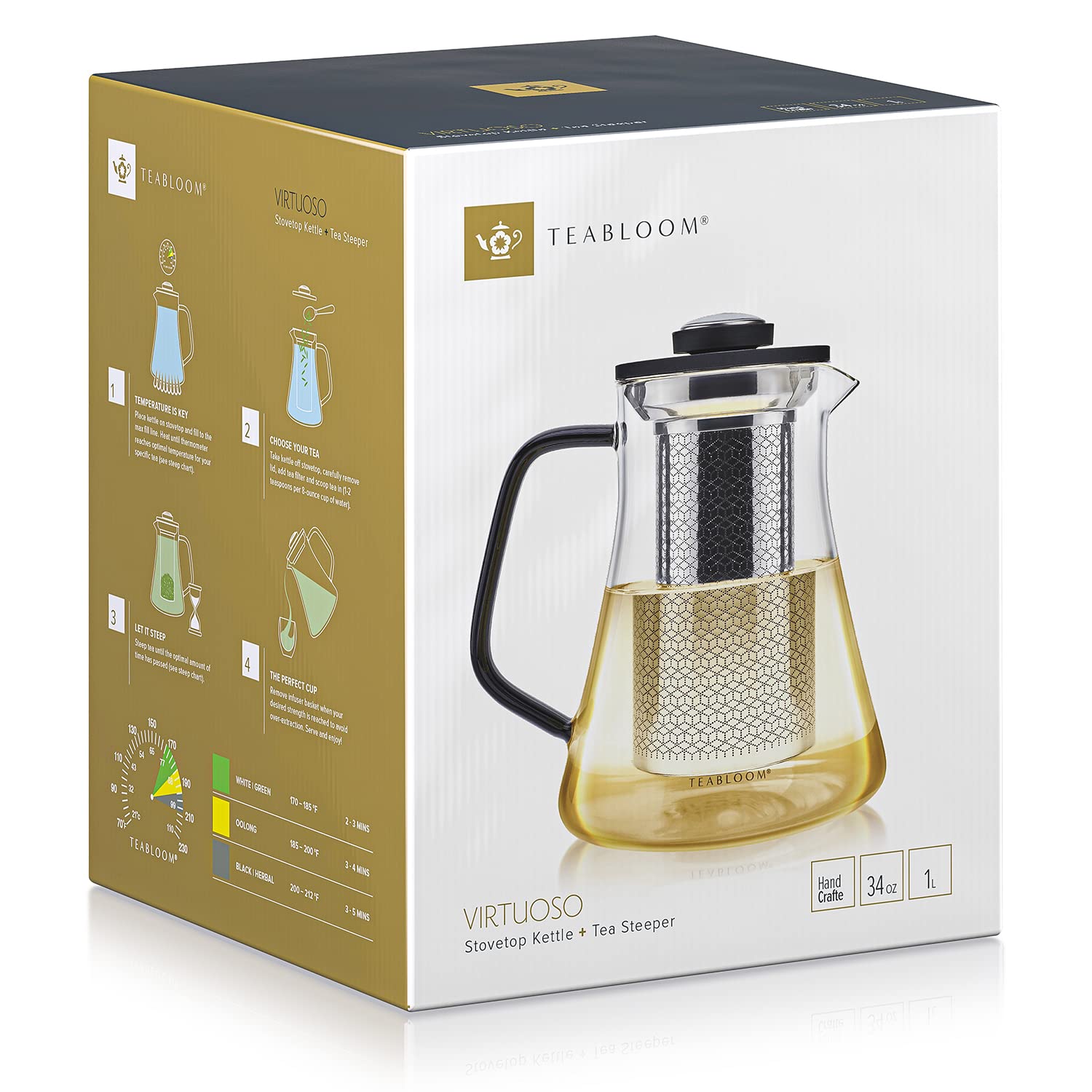 Teabloom 2-in-1 Glass Tea Kettle with Thermometer & Stainless Steel Infuser - 34oz Whistle-Free Tea Maker for Loose Leaf Tea | Perfect for Home, Office & Gift Giving