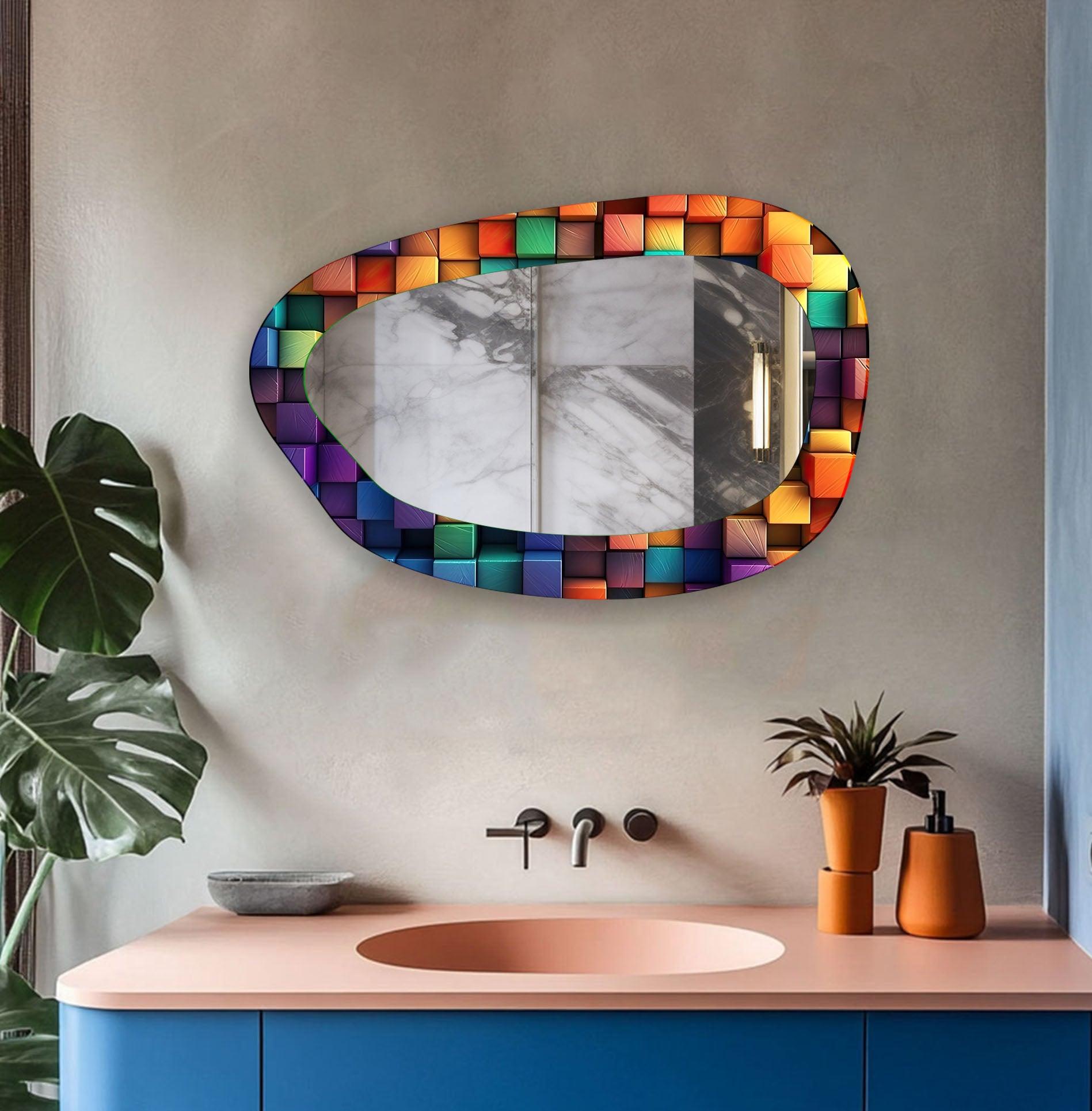 Vibrant Asymmetrical Glass Wall Mirror - Modern Geometric Home Decor for Living Room, Bedroom & Entryway