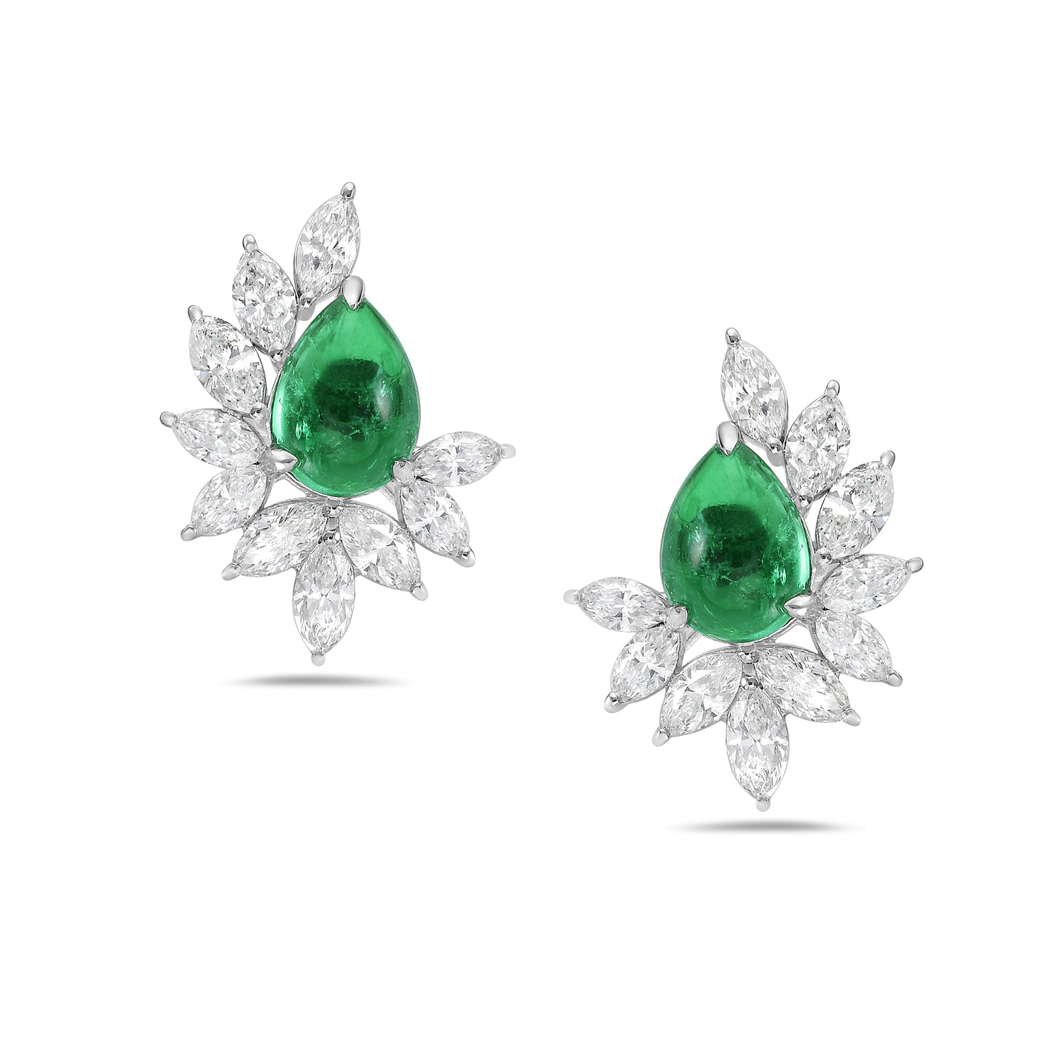 Exquisite Cabochon Emerald & Rose Cut Diamond Daisy Stud Earrings in 14K White Gold – Perfect for Weddings, Anniversaries & Special Occasions