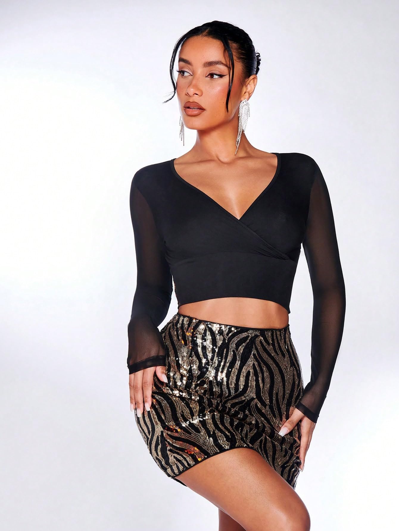 GORGLITTER Women's Sexy Wrap Mesh Crop Top Long Sleeve Deep V Neck Tee - Perfect for Parties, Night Out & Club Wear