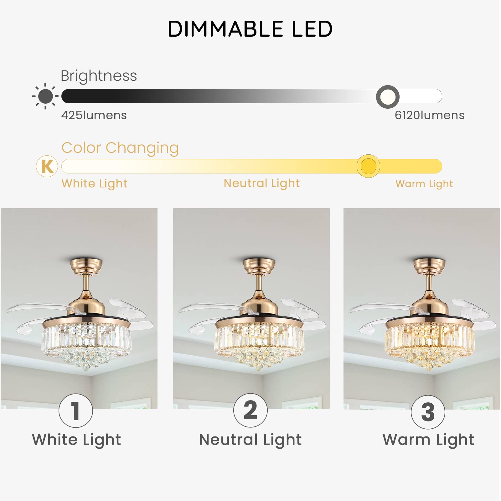Modern Crystal Ceiling Fan with LED Light - 36