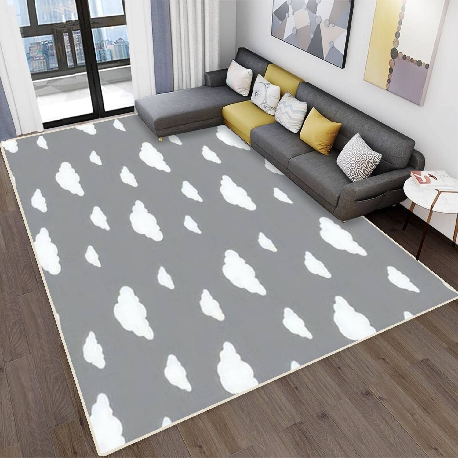 Non-Slip Cloud Pattern Area Rug - Stain Resistant Modern Abstract Carpet for Living Room, Bedroom & Home Decor | Indoor/Outdoor Use (White/Gray)