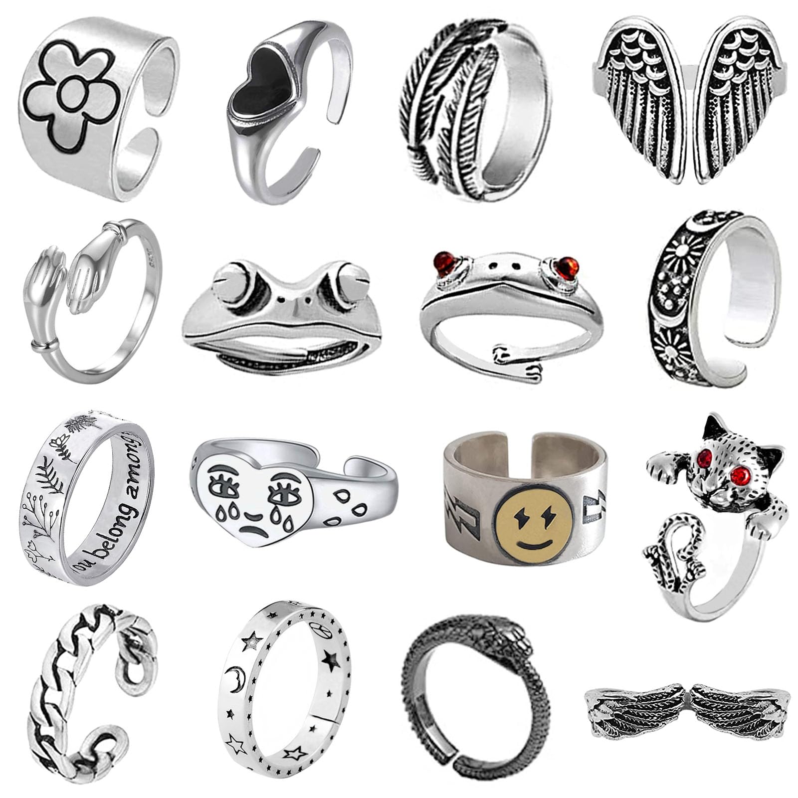 16 Pcs Silver Plated Frog Open Rings Set - Vintage Matching Couple Rings for Women & Men - Cute Snake, Hug, Moon & Sun Jewelry - Perfect for Gifts, Parties & Everyday Wear