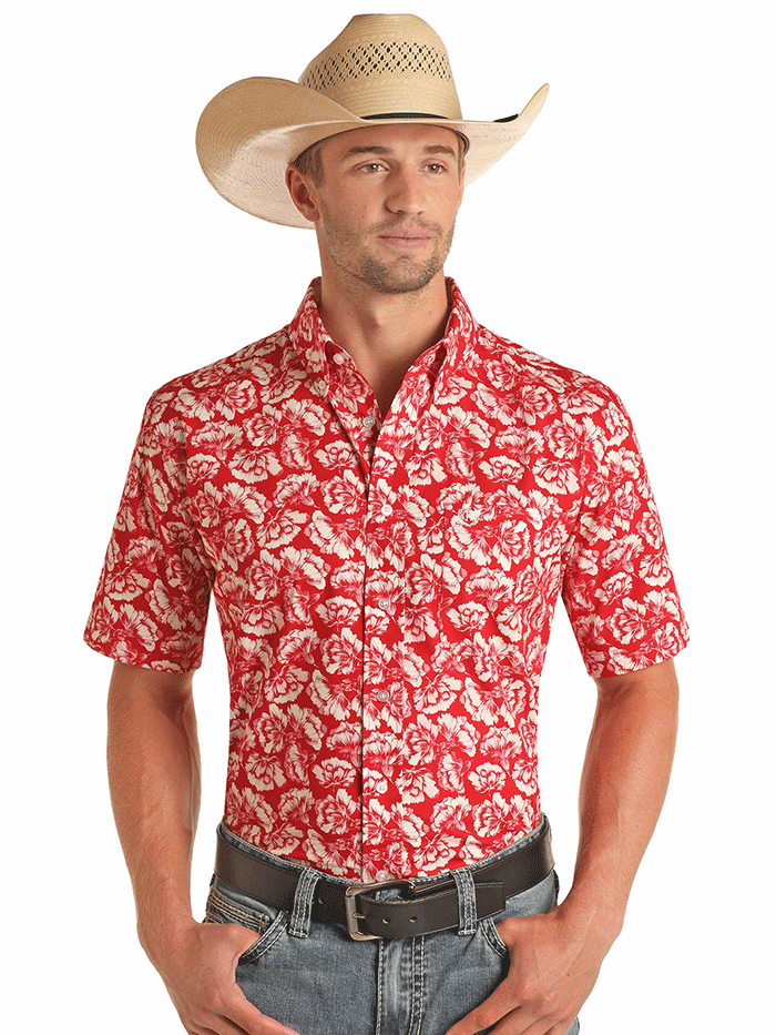 Men's Floral Short Sleeve Button Down Shirt - Scarlet Red Casual Hawaiian Style Shirt for Beach, Summer Vacation & Outdoor Activities