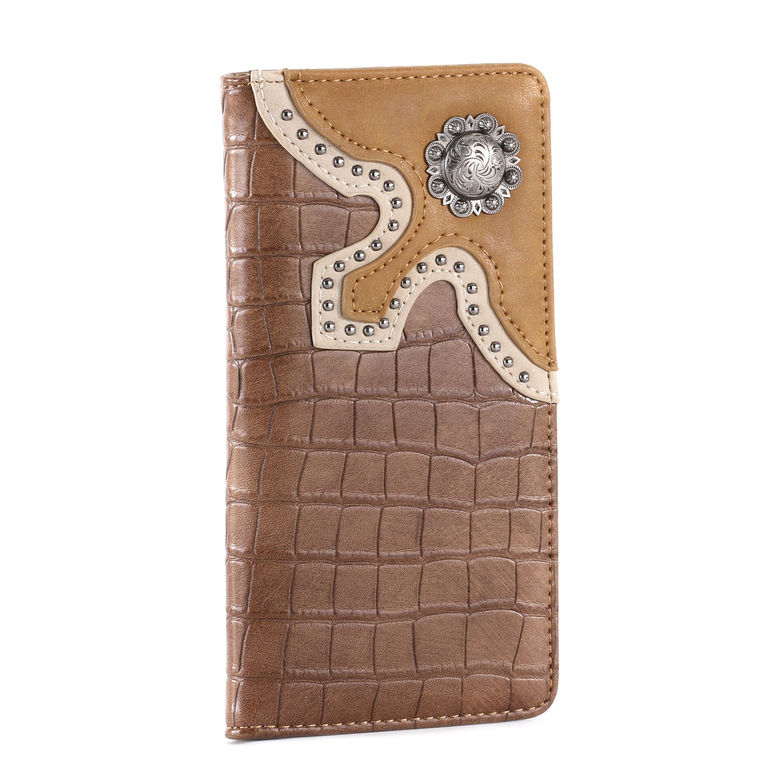 Montana West Croc Print Concho Bifold Long Wallet for Women - Genuine Leather RFID Blocking Credit Card Holder - Perfect for Everyday Use, Travel & Gift Giving