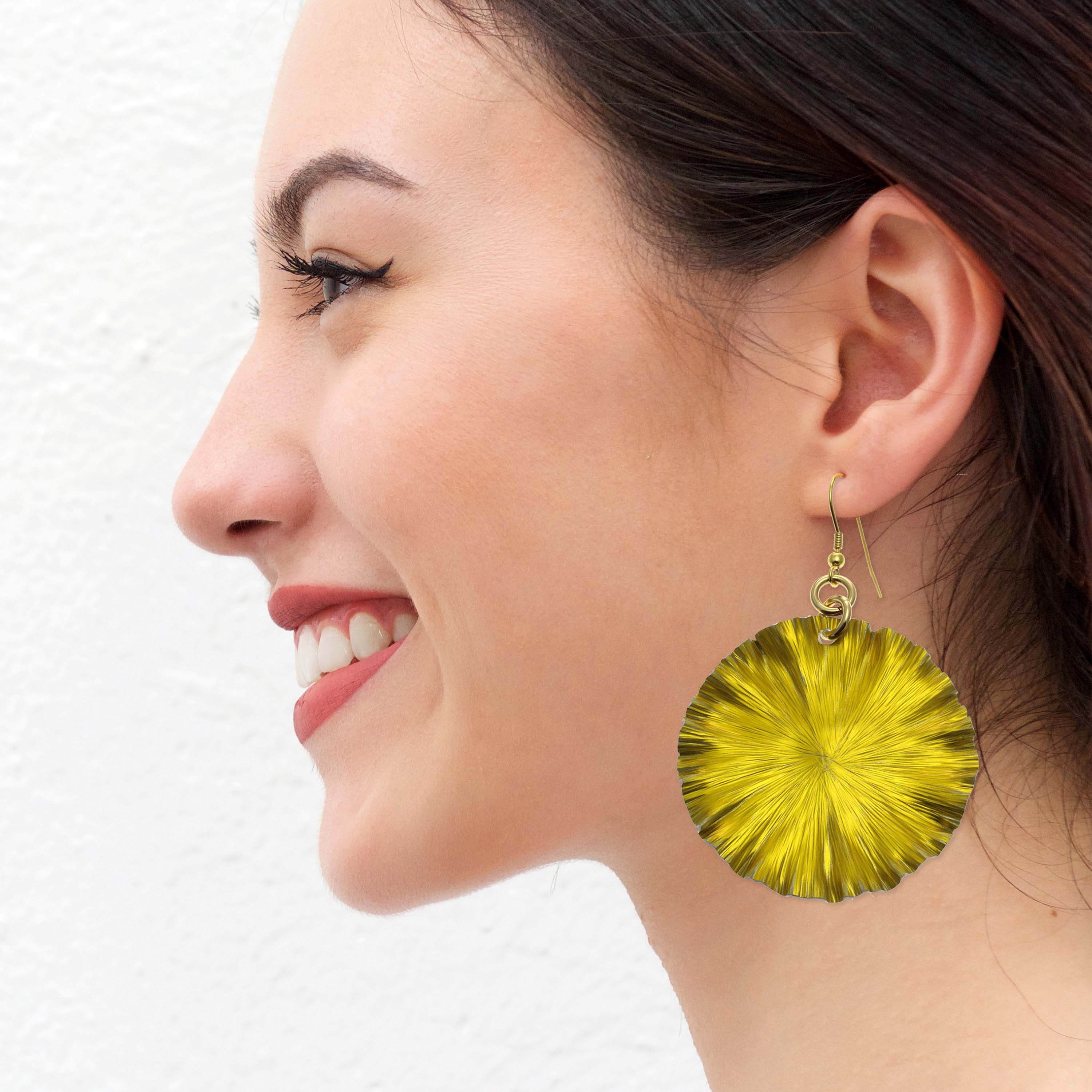 Canary Yellow Anodized Aluminum Lily Pad Leaf Earrings for Women - Lightweight Boho Dangle Earrings for Summer, Beach, and Festival Outfits