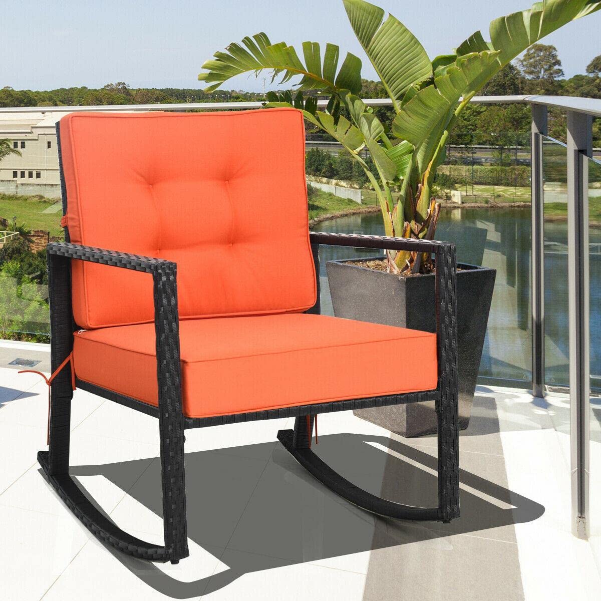 **Outdoor Rattan Rocking Chair with Cushion - Patio Glider Wicker Rocker for Lawn, Deck, Garden & Camping - Comfortable Mikalo Chair for Relaxing & Lounging**