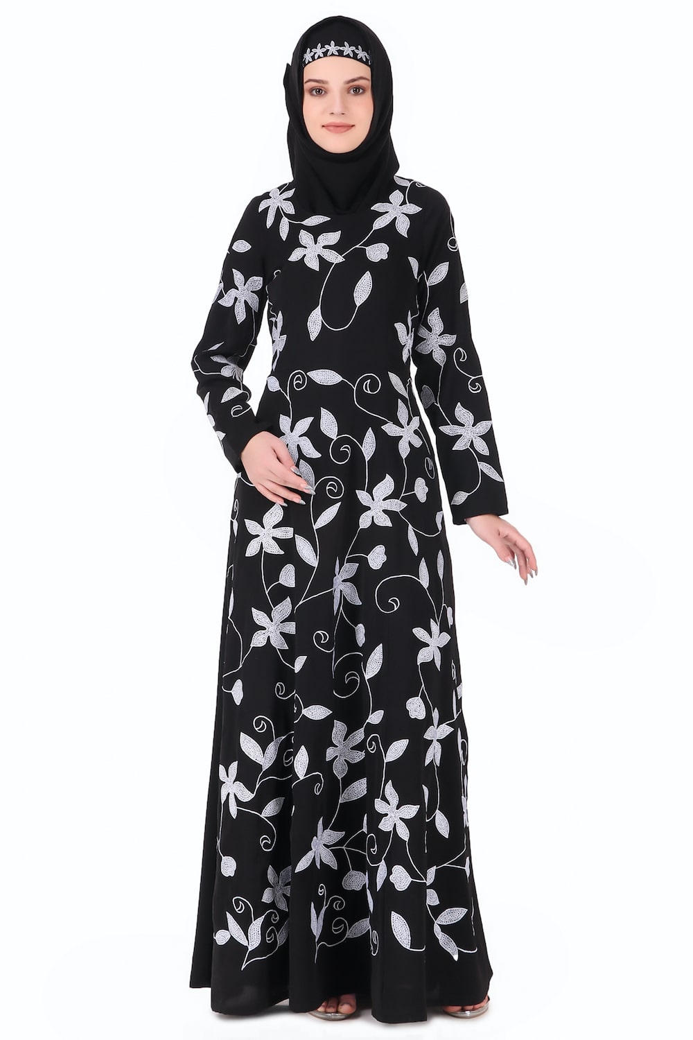 Embroidered Floral Vines Flared Abaya Dress - Elegant Muslim Women's Maxi Dress for Prayer, Wedding & Special Occasions