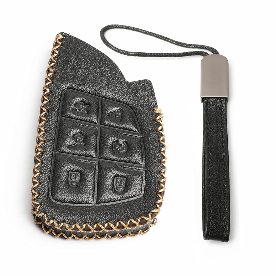 2021 Chevrolet Suburban Tahoe Black Leather Smart Key Fob Cover - 6 Buttons Remote Key Case Holder with Chain - Perfect for Key Protection & Easy Access