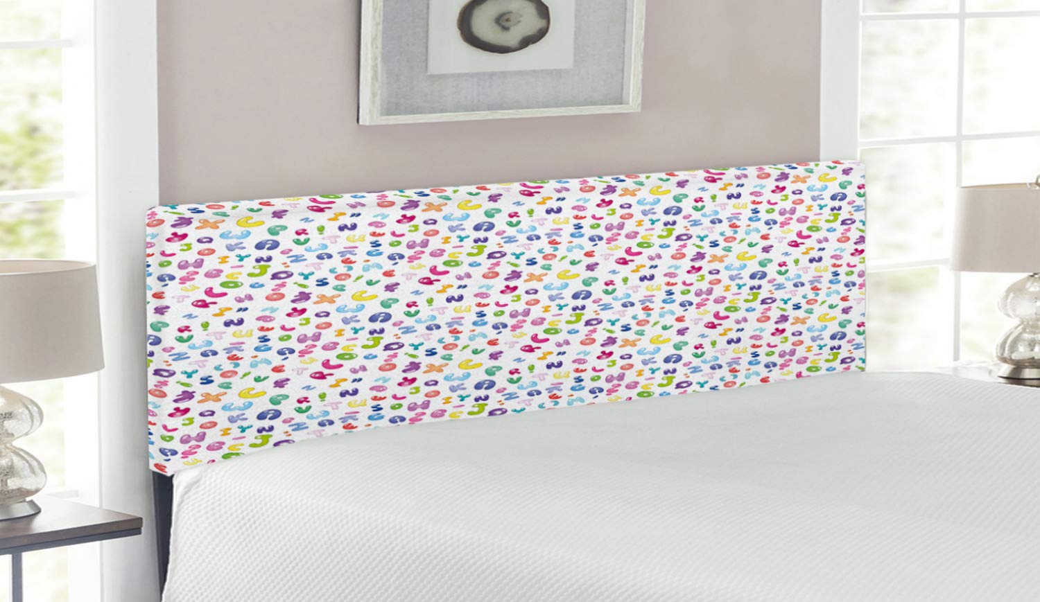 Ambesonne ABC Headboard - Colorful Alphabet Bubble Letters Doodle Design, Upholstered Decorative Metal Bed Frame with Memory Foam, Queen Size, Multicolor - Perfect for Kids' Rooms, Nursery Decor & Fun Bedroom Themes