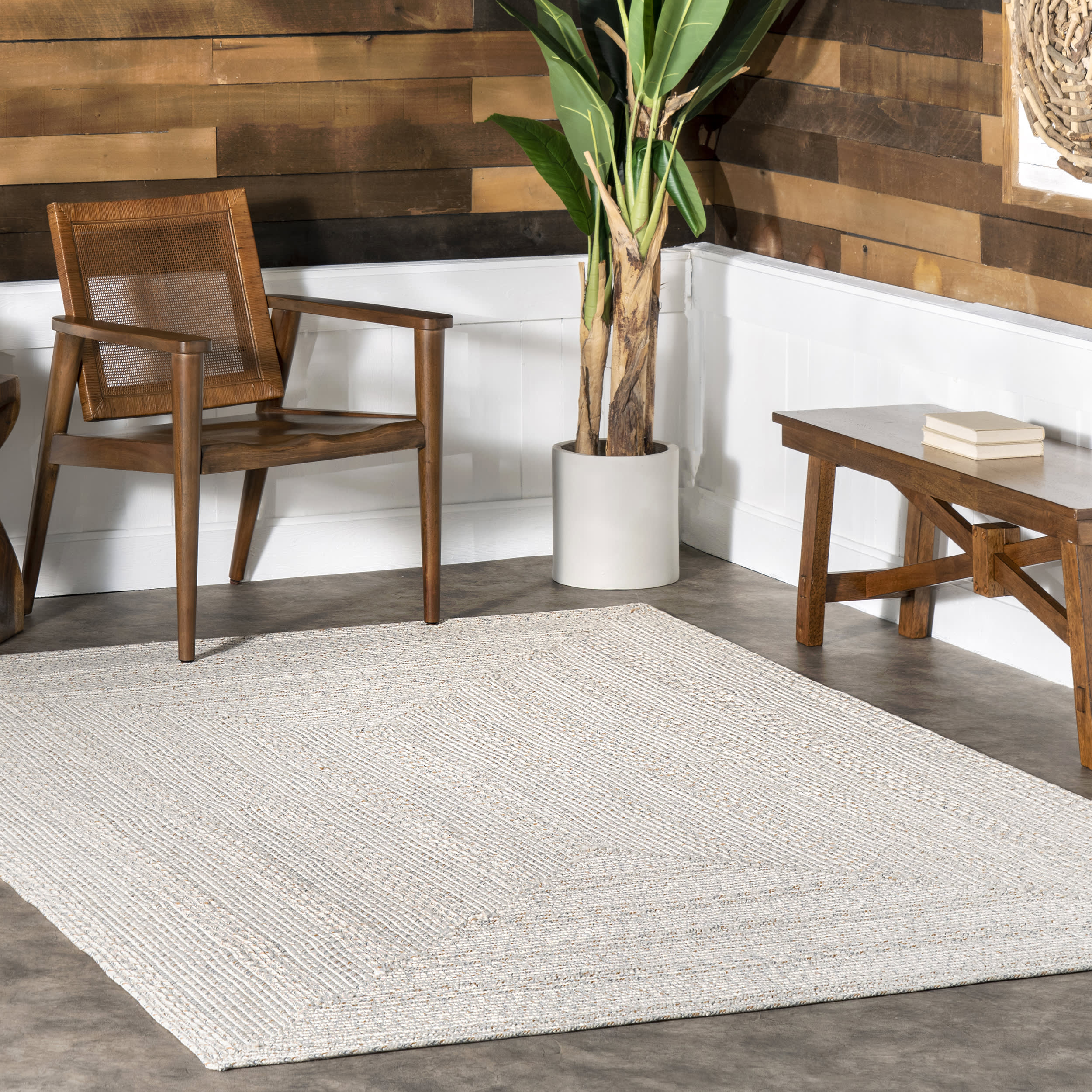 Braided Textured Indoor Outdoor Area Rug - Soft Ivory Boho Chic Decor for Living Room, Bedroom, Patio & Porch