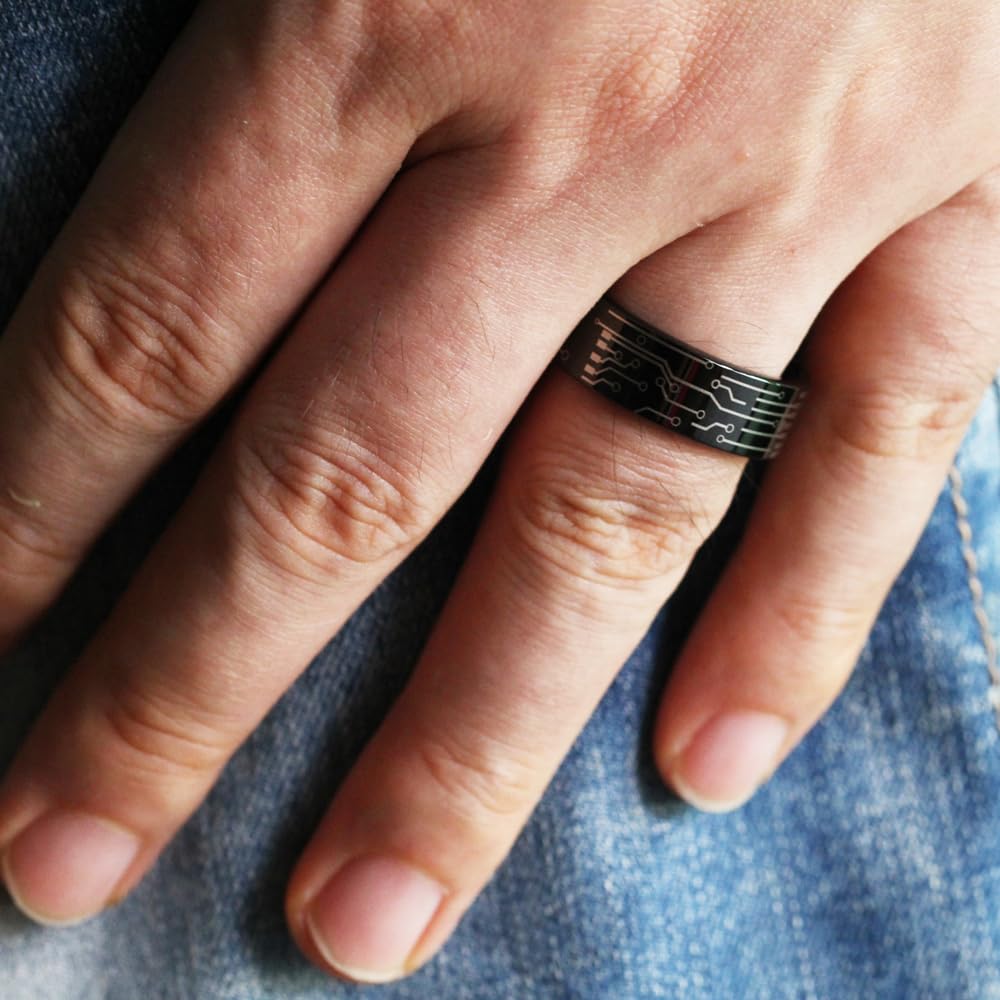 CLOUD DANCER 8mm Tungsten Carbide Wedding Band - Computer Circuit Design Men's Ring, Durable Scratch Resistant Engagement Ring with Free Inside Engraving - Perfect for Tech Lovers, Engineers & Modern Couples