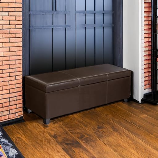 FIRST HILL FHW Madison Rectangular Faux Leather Storage Ottoman Bench - Large Espresso Brown - Living Room Footrest, Bedroom Storage, Entryway Seating