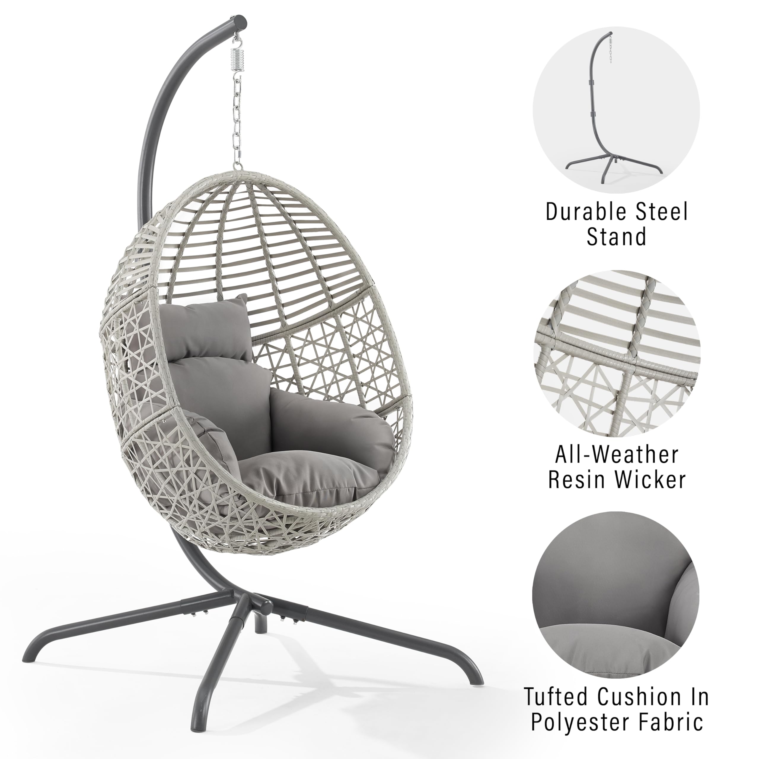 Crosley Lorelei Wicker Hanging Egg Chair with Stand - Indoor Outdoor Swing Chair for Patio, Porch, Deck, Garden - Gray Rattan Hanging Chair for Relaxing & Lounging