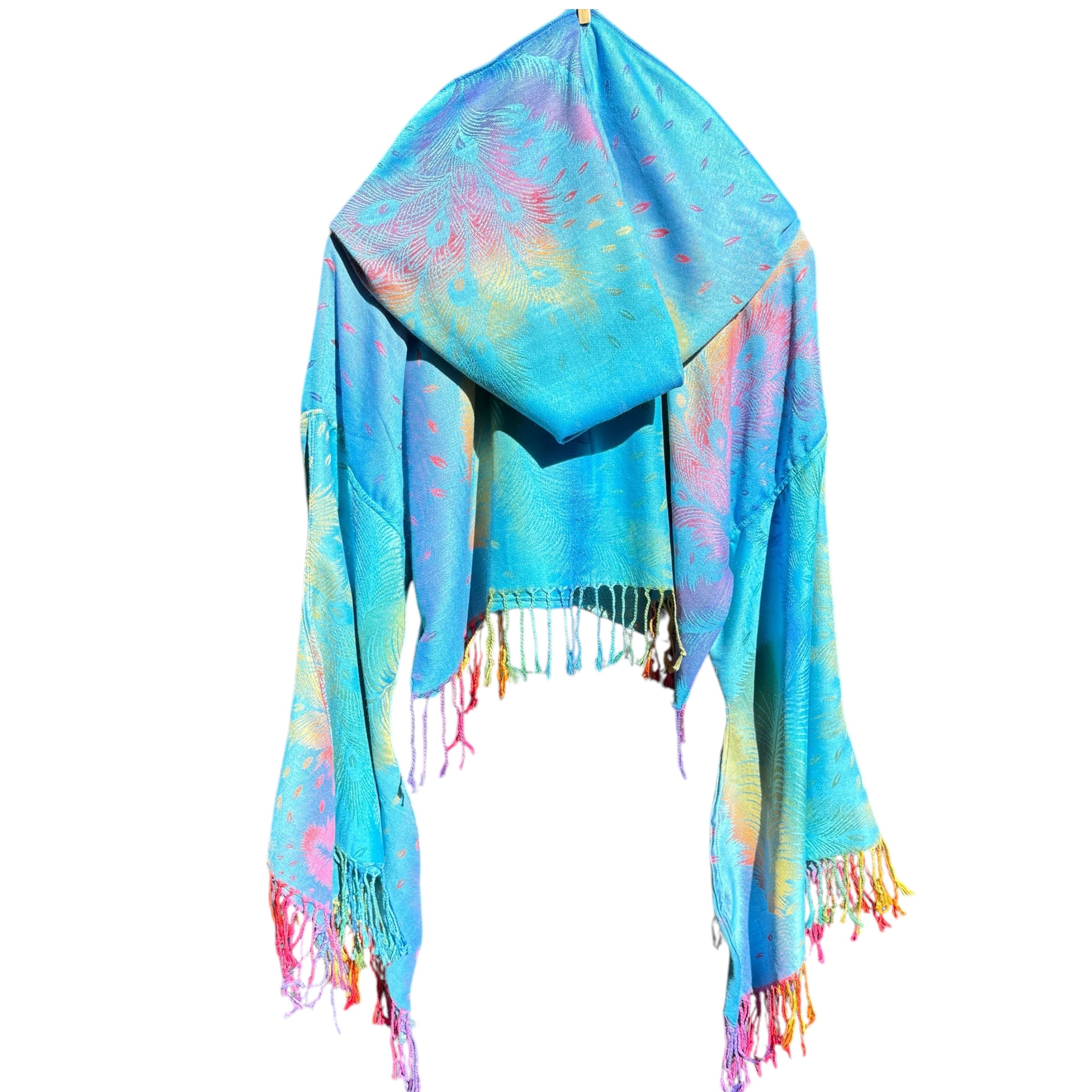 Butterfly Bell Pashmina Wrap - Teal Peacock Rainbow Color Shawl for Women | Perfect for Yoga, Beach Cover-Up, and Boho Fashion