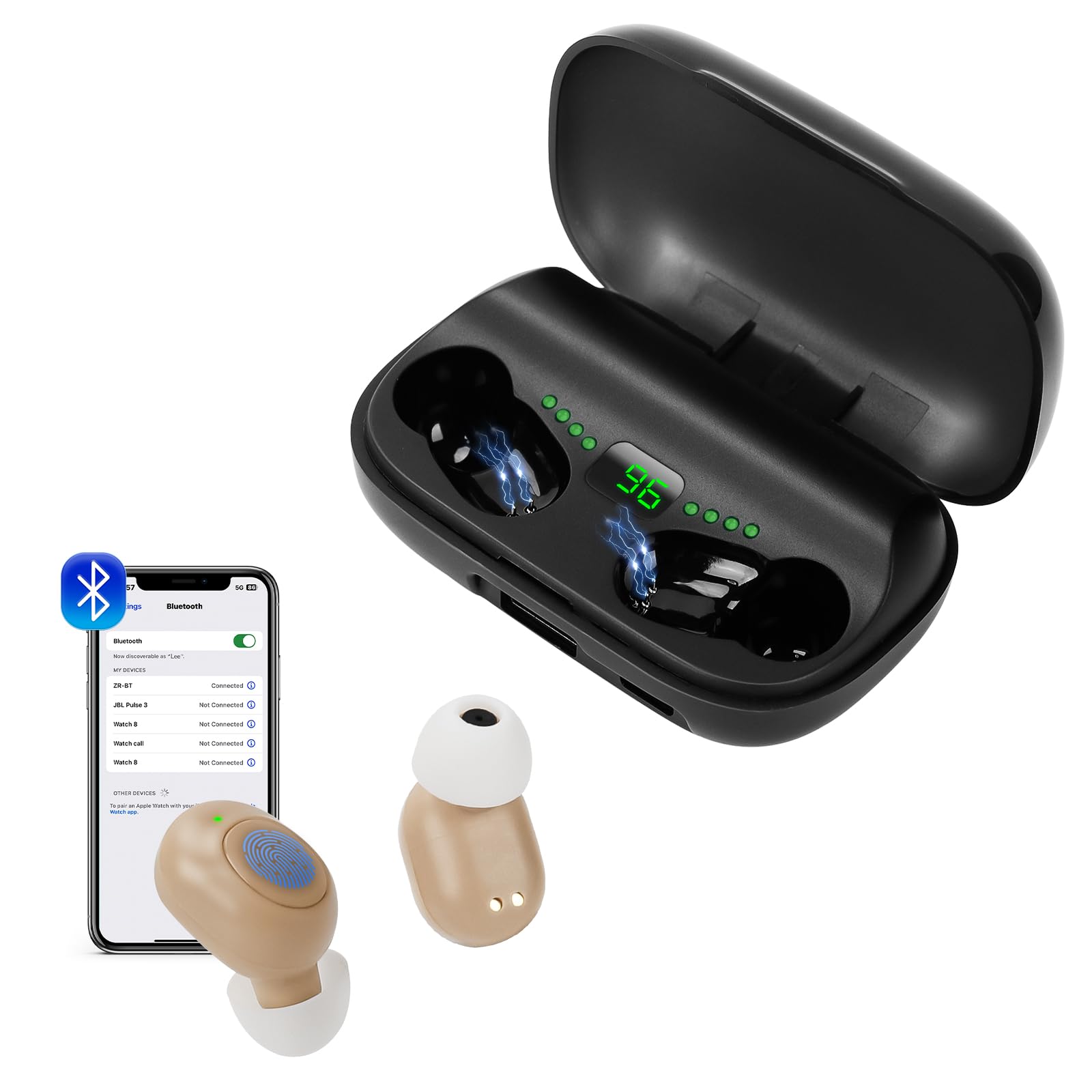 Bluetooth Hearing Aids for Seniors - Rechargeable Hearing Amplifier with Charging Case - Dual Microphone Noise Reduction for Mild to Moderate Hearing Loss (Beige) - Perfect for TV Watching, Conversations & Outdoor Activities