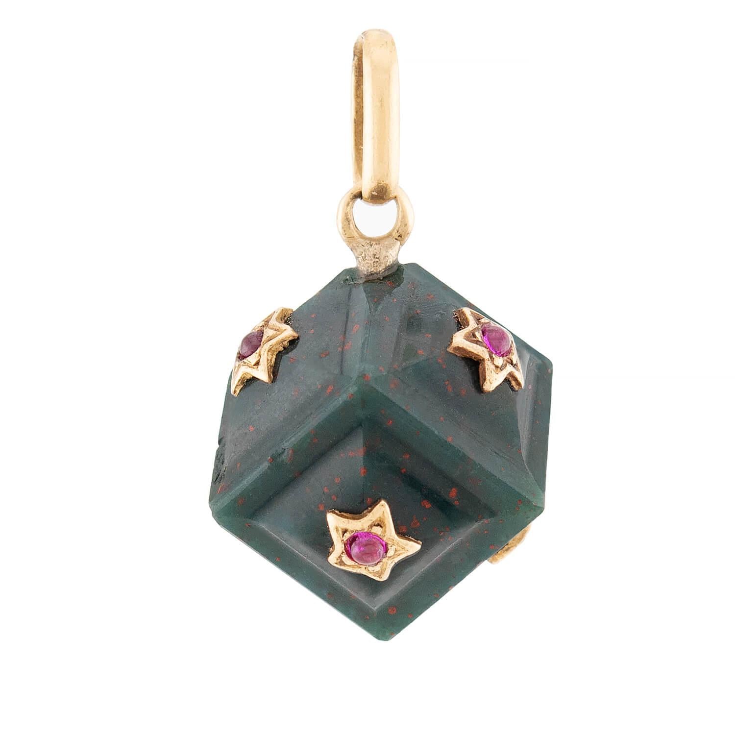 Victorian 14K Gold Bloodstone & Ruby Cube Pendant Charm Necklace - Elegant Vintage Jewelry for Women, Gift for Her, Birthday, Anniversary, Valentine's Day