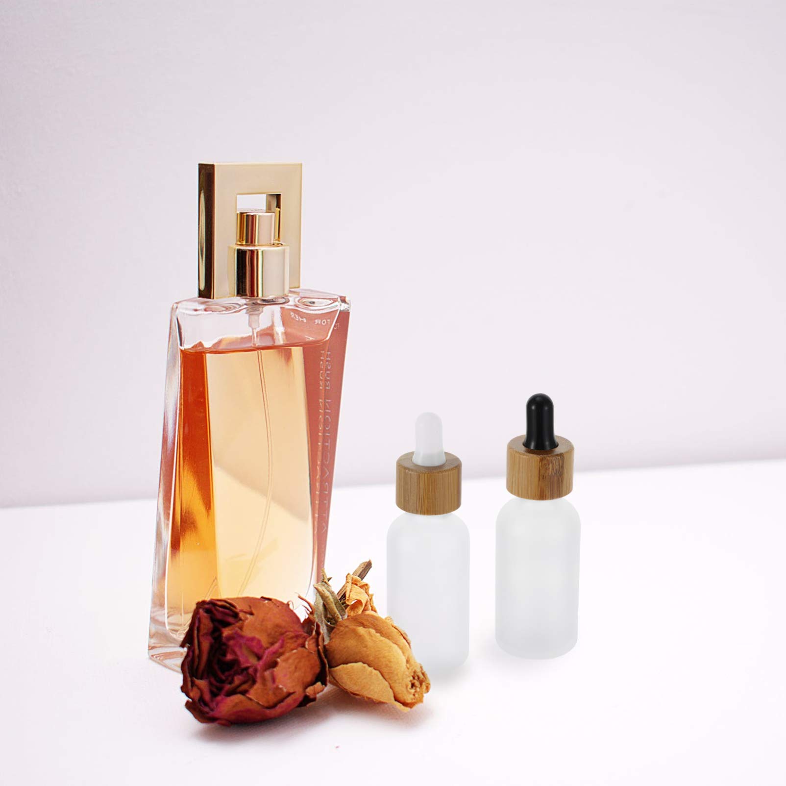 HEALLILY 4 Pack 10ml Frosted Glass Dropper Bottles with Bamboo Lids - Essential Oil Containers, Perfume Sample Vials, Cosmetic Liquid Storage - Perfect for DIY Beauty, Aromatherapy & Travel Use