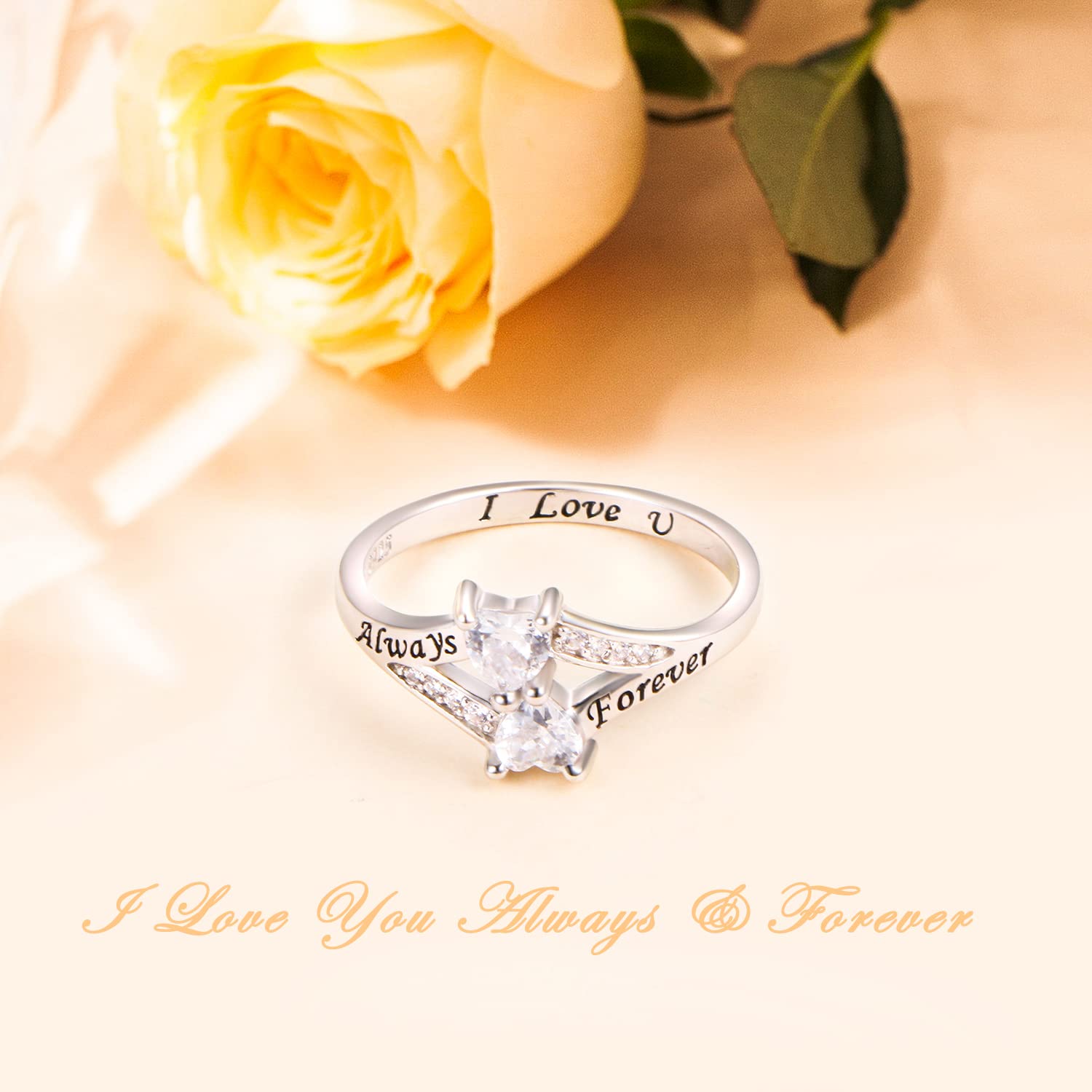 FLYOW 925 Sterling Silver Heart Ring - I Love You Always & Forever Jewelry for Women, Mom, Wife, Sister, Daughter | Perfect Engagement, Birthday, Anniversary Gift for Her | Elegant & Sentimental Present for Special Occasions