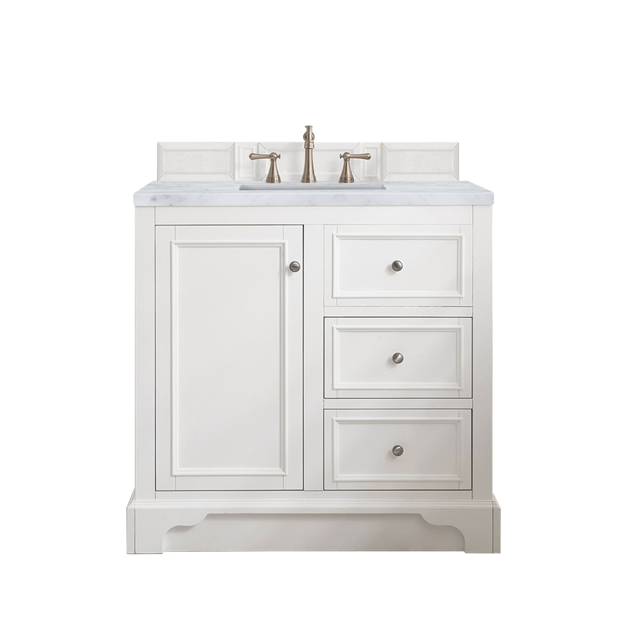 De Soto 36 Inch Single Bathroom Vanity Set with Bright White Finish & 3CM Carrara Marble Top - Perfect for Modern Master Bathroom or Powder Room Renovation