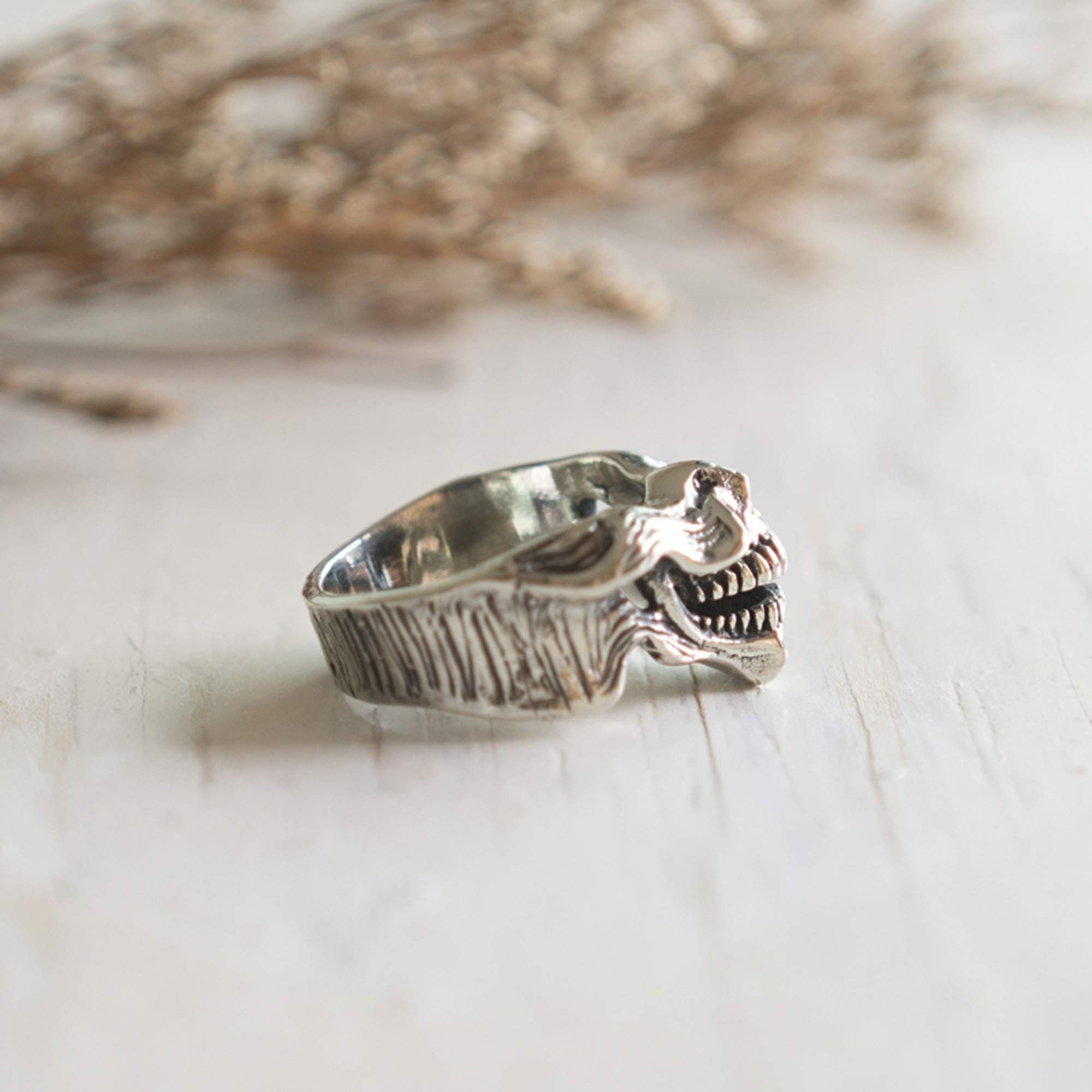Devil Teeth Smile Ring - 925 Sterling Silver Skull Mask Biker Punk Vampire Jewelry for Halloween, Gothic Fashion & Motorcycle Accessories