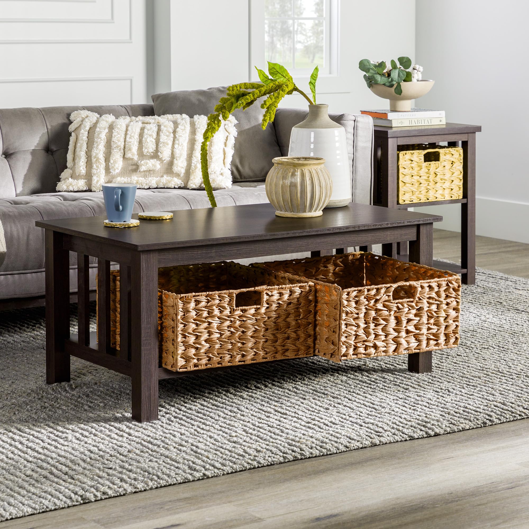 Walker Edison Alayna Mission Style Two-Tier Coffee Table with Rattan Storage Baskets - 40 Inch Espresso Finish - Perfect for Living Room, Lounge & Home Decor