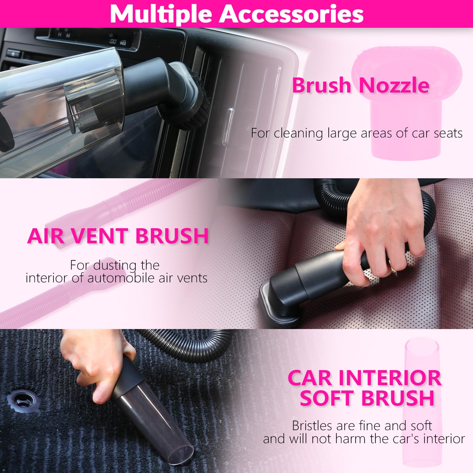 **Powerful Handheld Car Vacuum Cleaner with 7-Piece Detailing Brush Set – Portable Auto Interior Cleaning Kit for Cars, Trucks & SUVs – Includes Pink Storage Bag for Women (Perfect for Home, Office & Travel)**