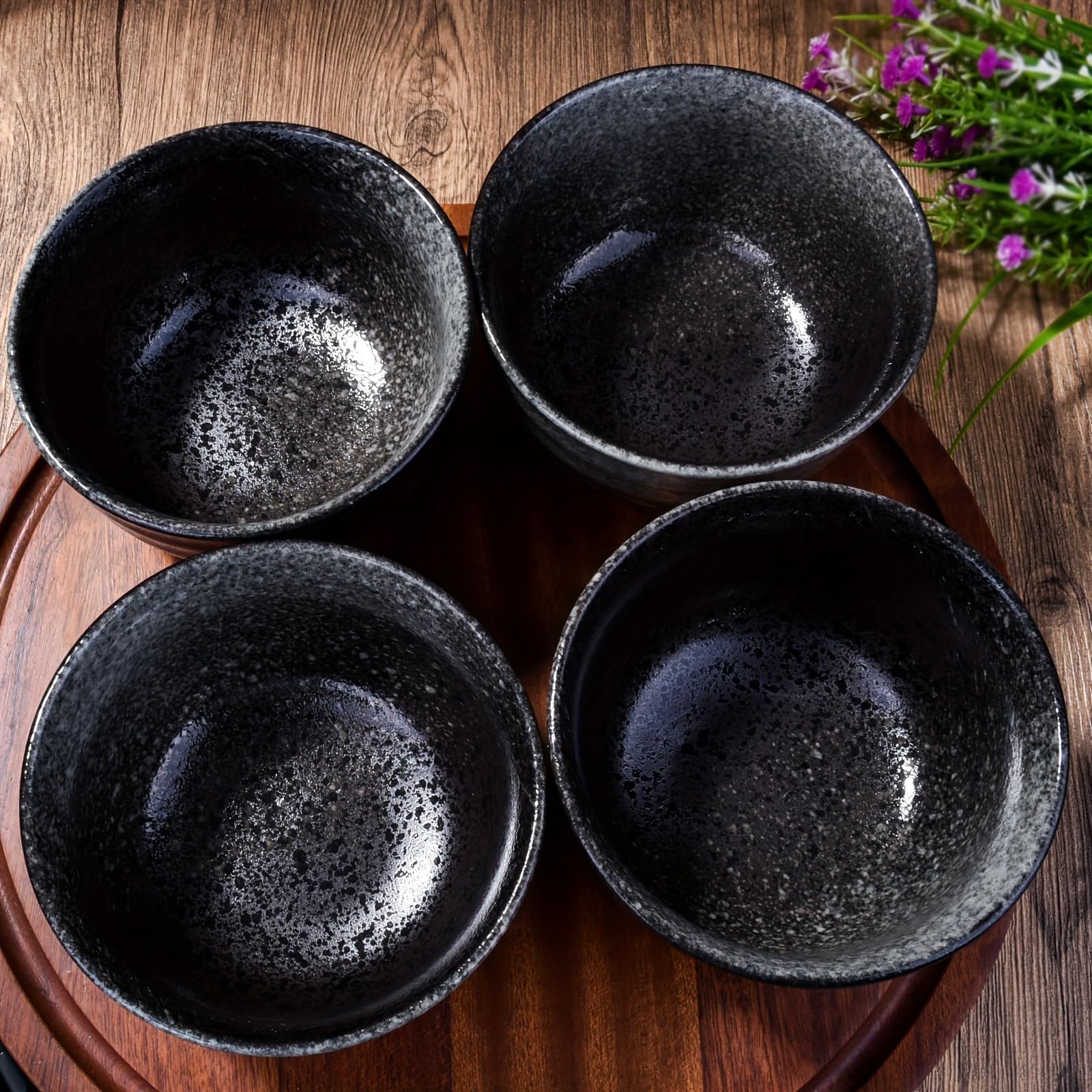 Premium Japanese Porcelain Rice Bowl Set of 4 - Black Ceramic Soup Bowls for Sushi, Ramen, Cereal & Asian Cuisine | Elegant Dining & Home Kitchen Essentials