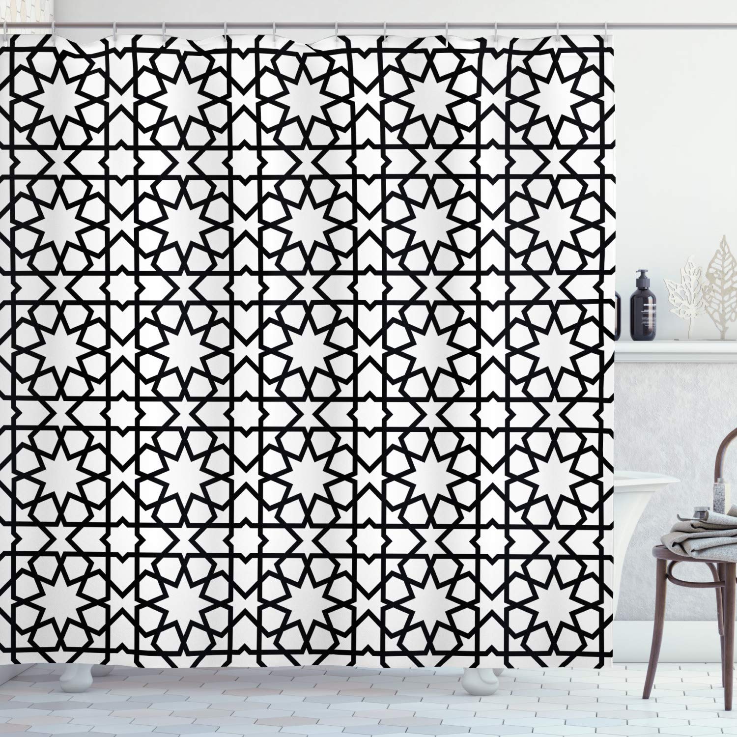Ambesonne Moroccan Shower Curtain - Geometric Pattern Mosaic Bathroom Decor with Hooks, 69x70 Inches, Black & White | Waterproof Fabric for Modern, Vintage & Boho Style Bathrooms