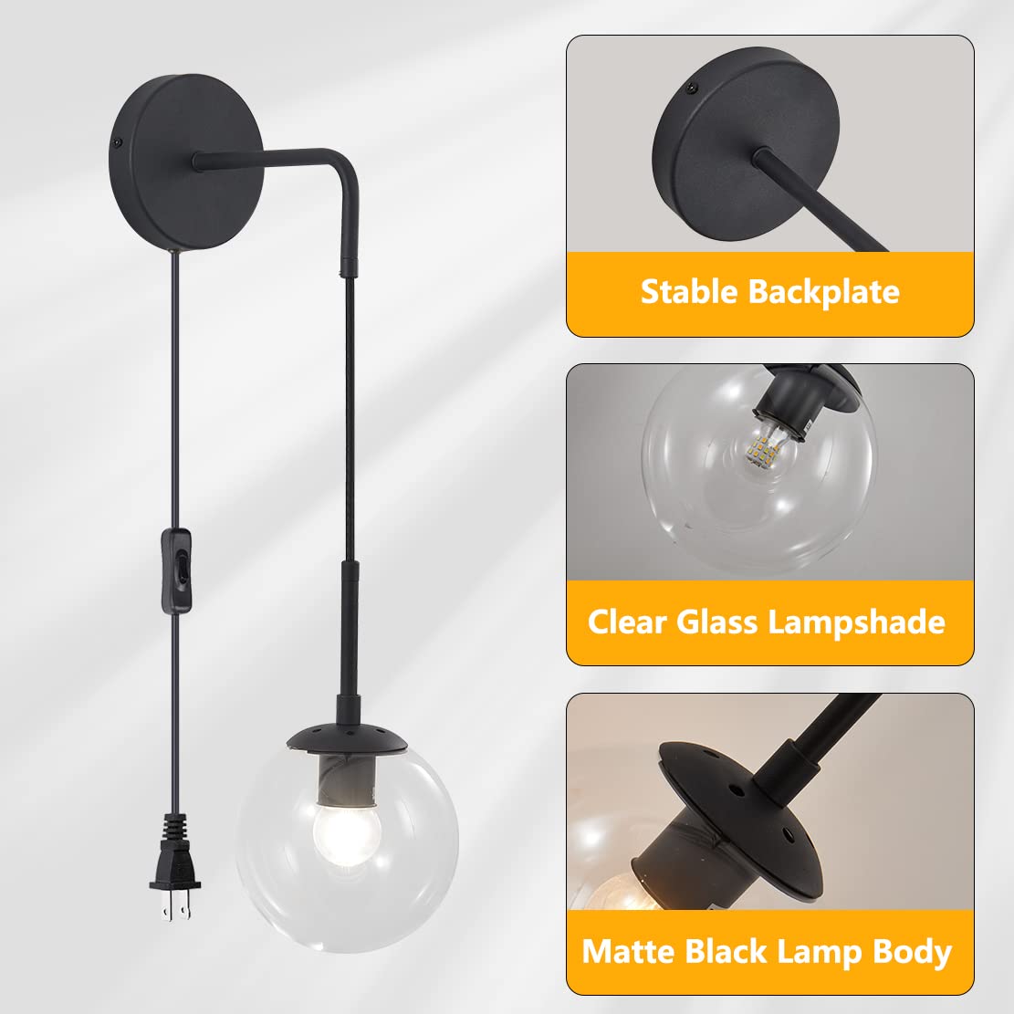 Mid Century Modern Black Wall Sconce Light - Set of 2 Plug-in Clear Glass Globe Ball Wall Lights for Bathroom Vanity, Bedroom, Living Room - Minimalist Corded Wall Lamp Fixture (Clear)