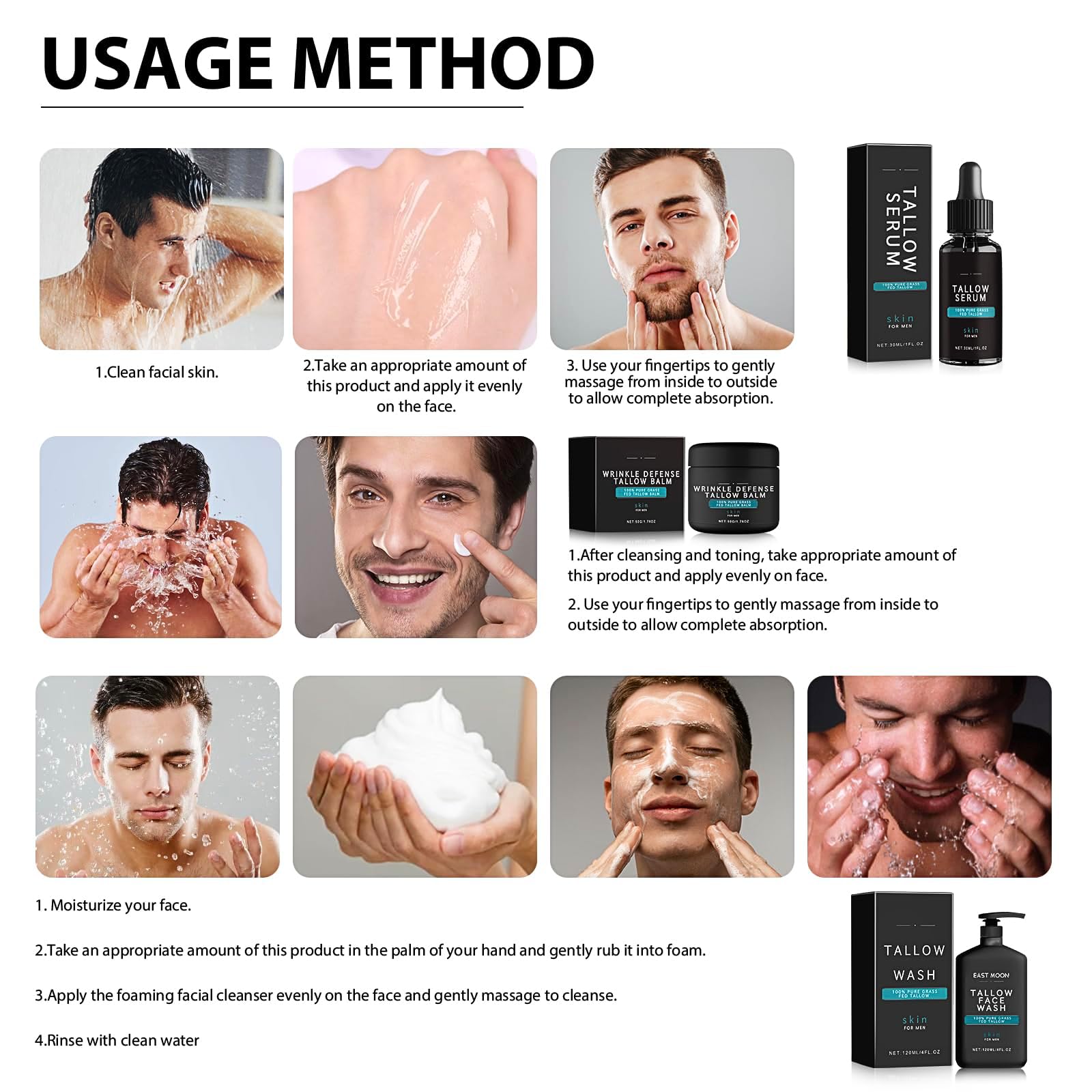 Wrinkle Defense Tallow Balm for Men - Anti-Aging Facial Kit with Face Wash, Night Serum & Moisturizing Balm - Gift Set for Day & Night Skincare Routine - Perfect for Dry Skin & Reducing Fine Lines
