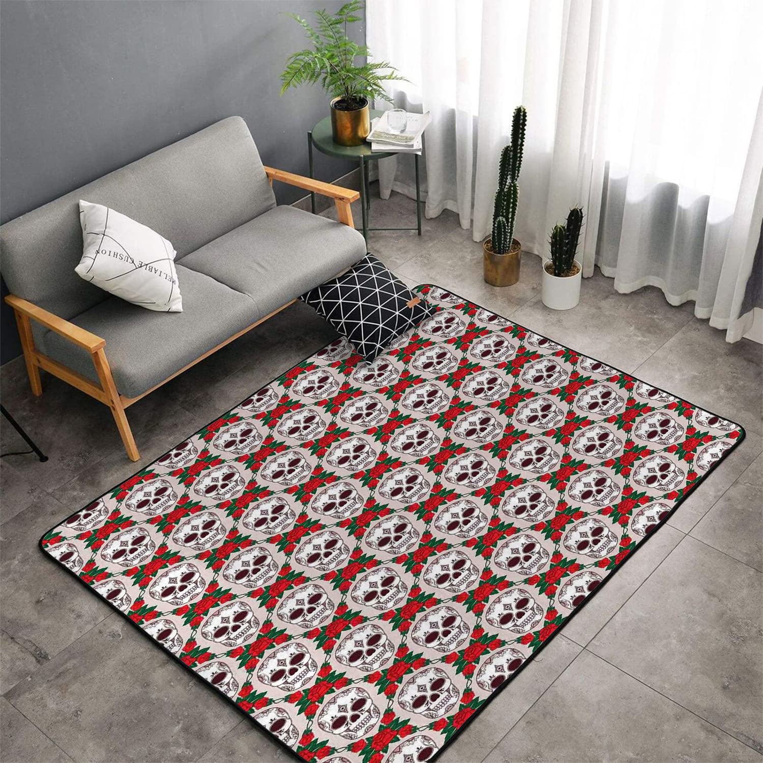 Skull Pattern Area Rug with Rose Floral Design - 63x95 Inch Gothic Home Decor Rug for Living Room, Bedroom & Office - Vintage Skull Illustration Contemporary Floor Mat
