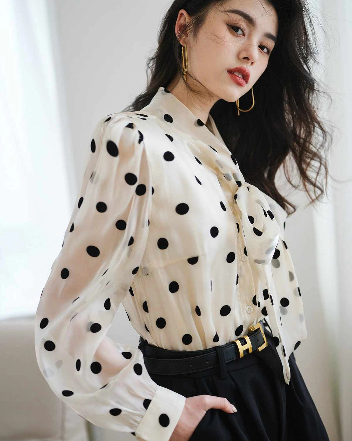 Polka Dot Silk Blouse for Women - Elegant Tie Neck Blouse for Office, Party & Special Occasions | Formal & Casual Wear | Breathable & Comfortable Silk Top