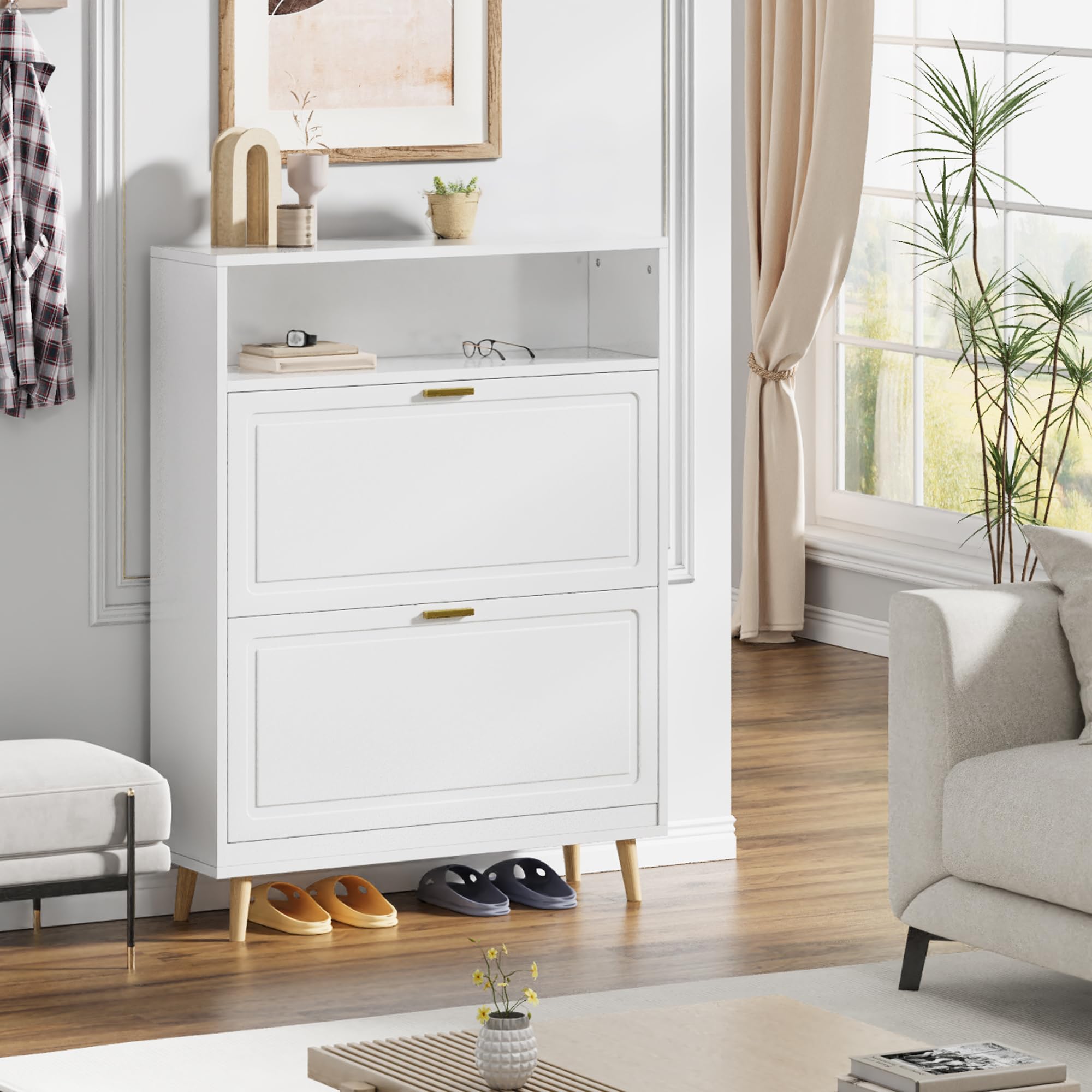 EnHomee Shoe Storage Cabinet with 2 Flip Drawers - White Entryway Organizer for Shoes, Boots & Accessories | Perfect for Hallway, Closet & Mudroom Organization
