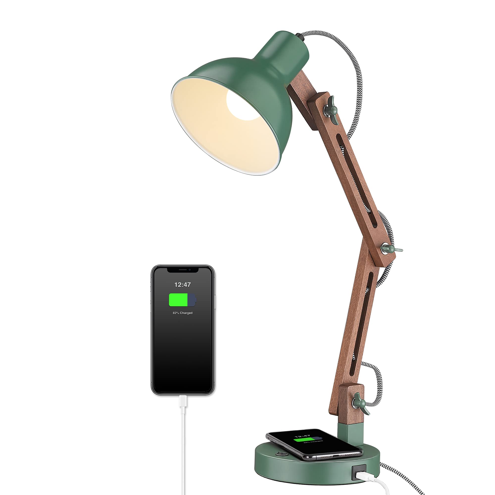 ELYONA LED Desk Lamp with Wireless Charger & USB-C Port - Adjustable Swing Arm Reading Light in Vintage Green, Sapele Wood Base - Perfect for Home Office, Study, Bedroom & Dorm Room (Bulb Included) - Ideal for Night Reading, Remote Work & Cozy Home Lighting