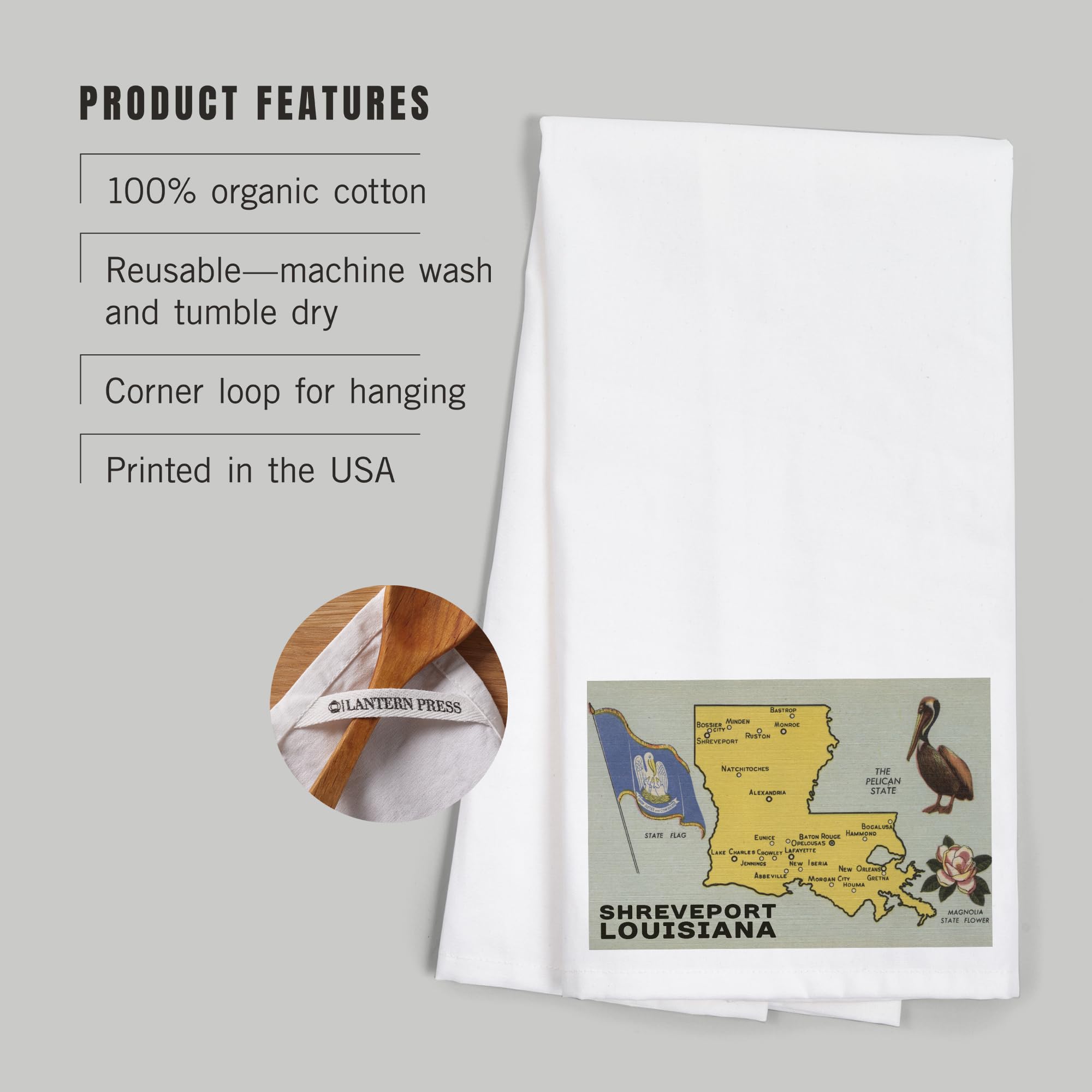 Lantern Press Shreveport Louisiana State Map Tea Towel - 100% Cotton Decorative Hand Towel for Kitchen & Home Decor | Perfect for Gifts, Dish Drying & Wall Art