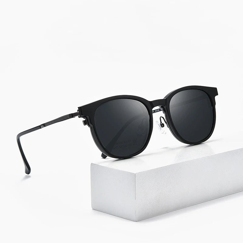Bclear Unisex Full Rim Round Alloy Eyeglasses with Clip-On Polarized Sunglasses 9820 - Stylish UV Protection for Driving, Outdoor Activities & Everyday Wear