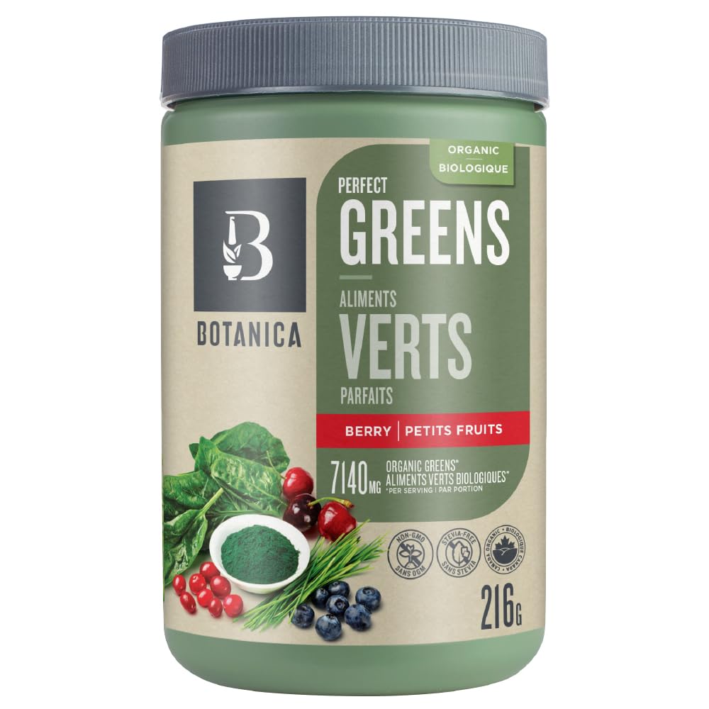 Botanica Health Perfect Greens Powder - Berry Flavor | 7140mg Superfood Blend with Chlorella, Spirulina, Barley & Wheat Grass | Vegan, Non-GMO, Gluten-Free, Stevia-Free Supplement | 27 Servings | Ideal for Smoothies, Juices & Daily Wellness Routine