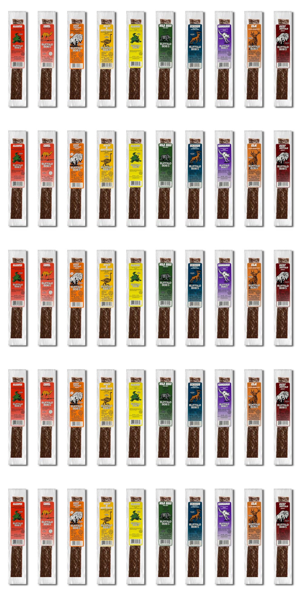 BUFFALO BOB'S Wild Game Meat Snacks - 50 Assorted Exotic Jerky Flavors Including Alligator, Buffalo, Elk & Venison - High Protein Adventure Snacks for Hiking, Camping & Gifts for Men, Dad & Outdoors Enthusiasts