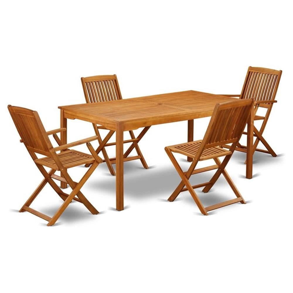 East West Furniture 5-Piece Patio Dining Set - 36x66 Inch Acacia Wood Outdoor Table with 2 Folding Arm Chairs & 2 Side Chairs - Natural Oil Finish - Perfect for Backyard, Garden, Poolside & Outdoor Entertaining